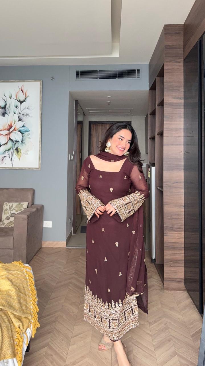 Wine Brown Heavy Faux Georgette Sequin Embroidery & Designer Kurta Pant Set with Dupatta | Festive Party Wear Suit