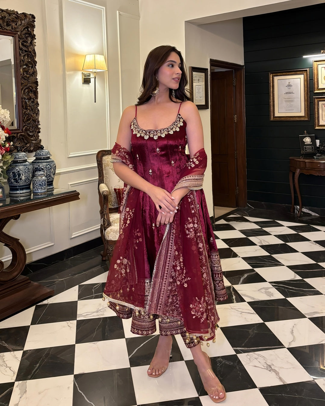 Wedding Wear Wine Color Anarkali Suit Set