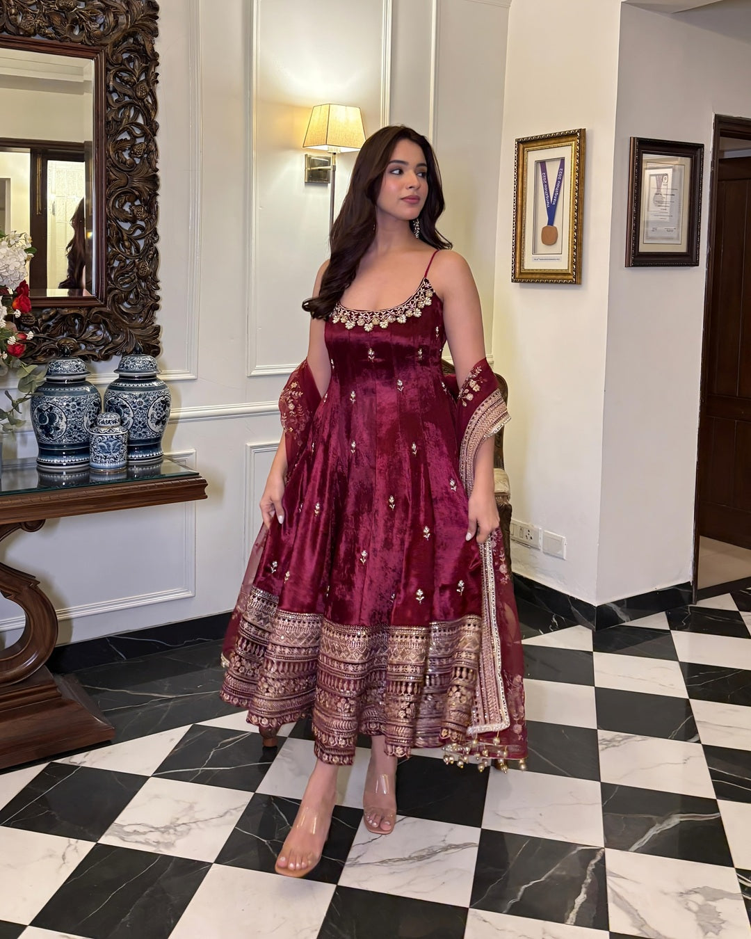 Wedding Wear Wine Color Anarkali Suit Set