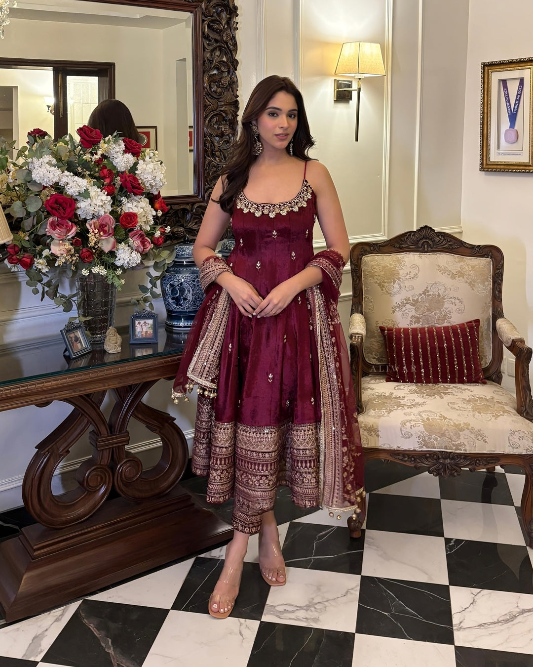 Wedding Wear Wine Color Anarkali Suit Set