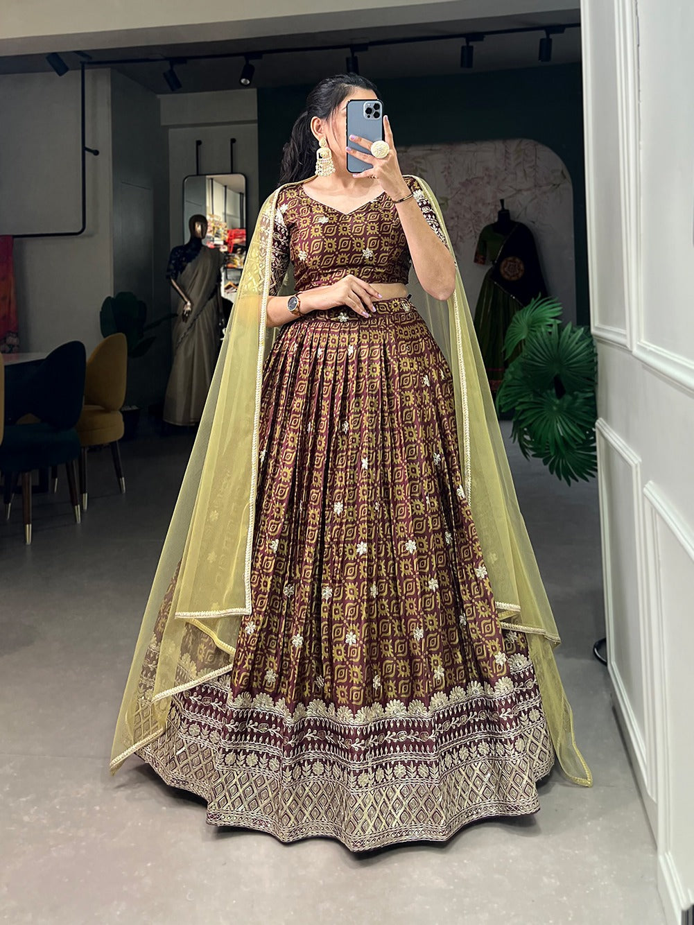 Refined Chinon Digital Printed Sequins Embroidered Lehenga Choli - Ethnicwish