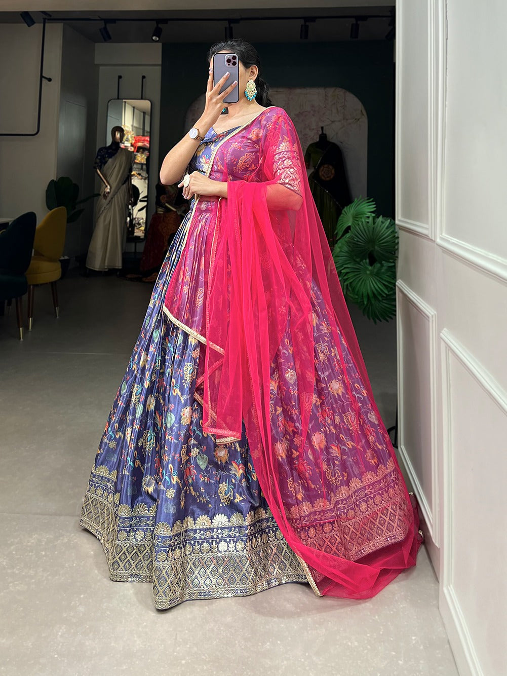 Refined Chinon Digital Printed Sequins Embroidered Lehenga Choli - Ethnicwish