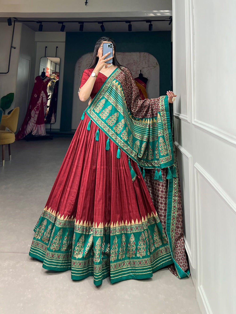 Graceful Red Tussar Silk Printed Foil Worked Lehenga Choli - Ethnicwish