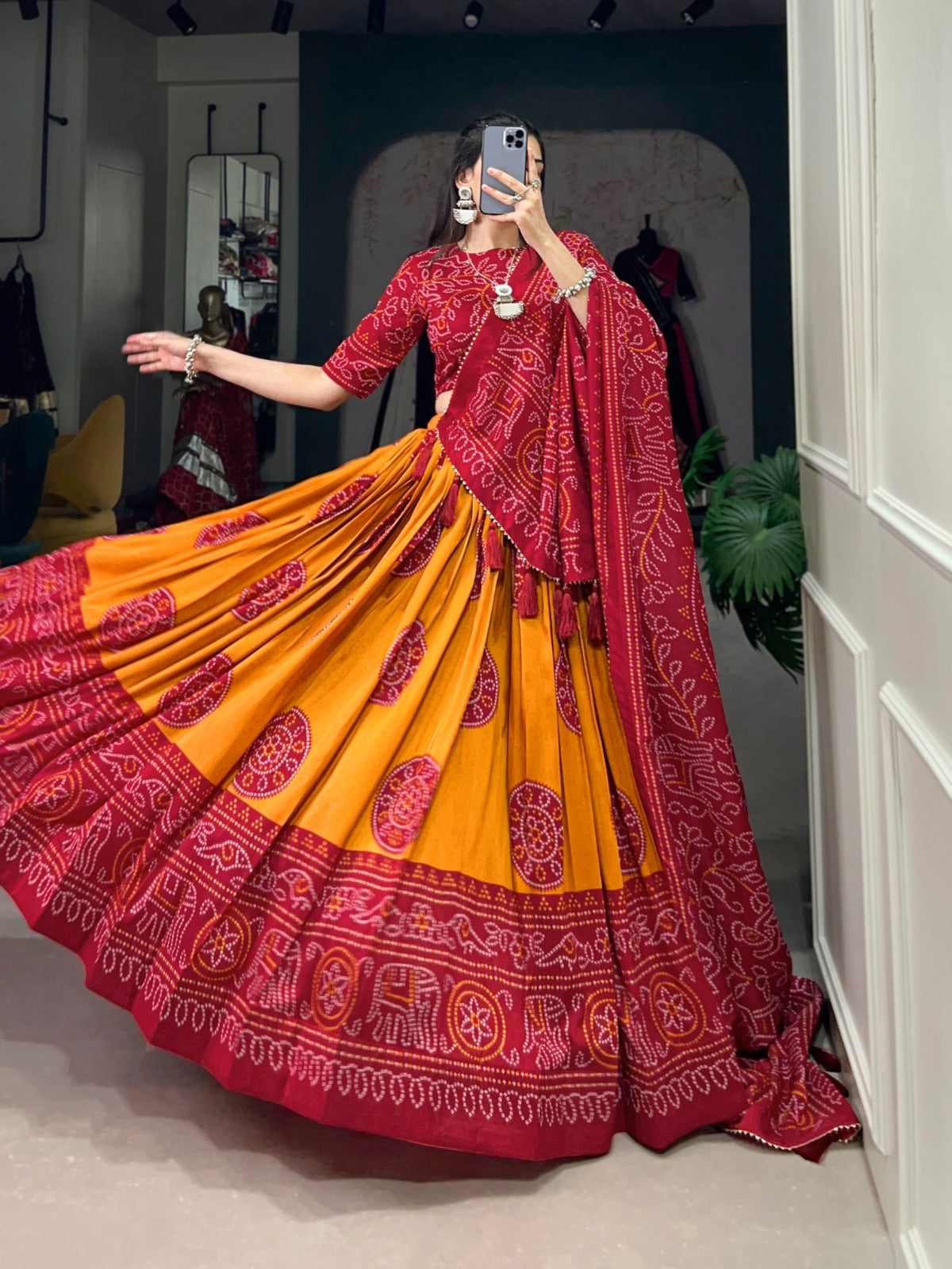 Adorable Tussar Silk Bandhej Printed Lehenga Choli Set - Ethnicwish