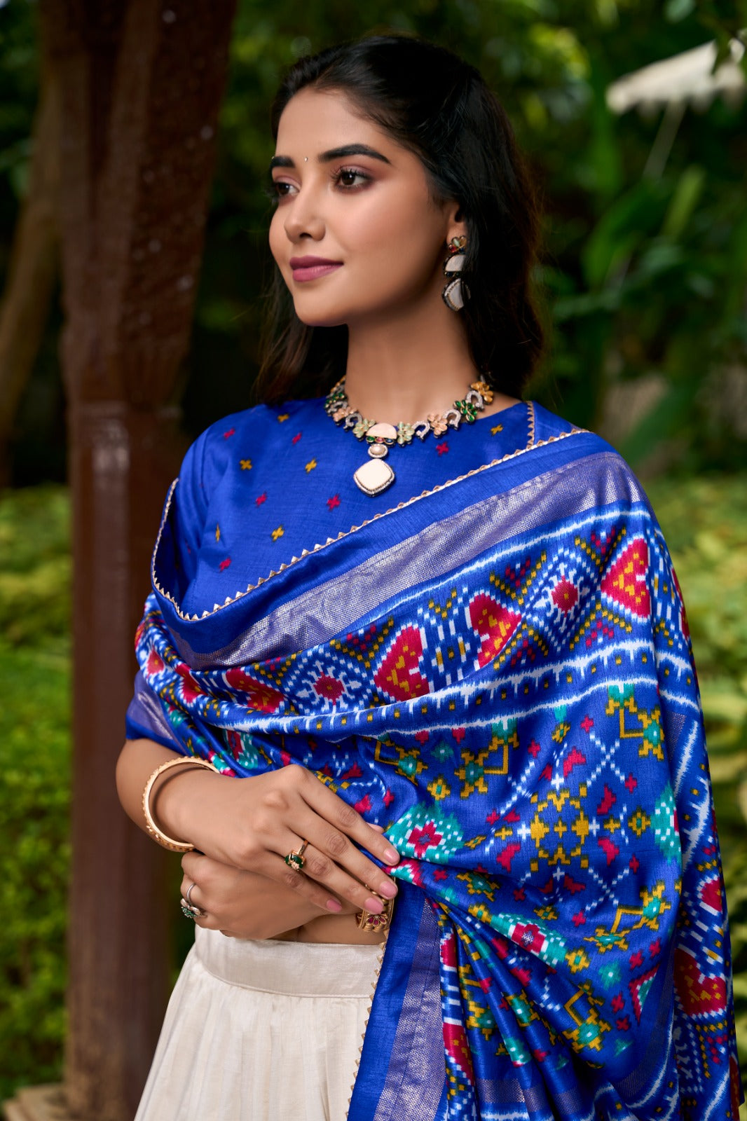 Stunning Royal Blue Tussar Silk Patola Printed Lehenga Choli Set - Ethnicwish