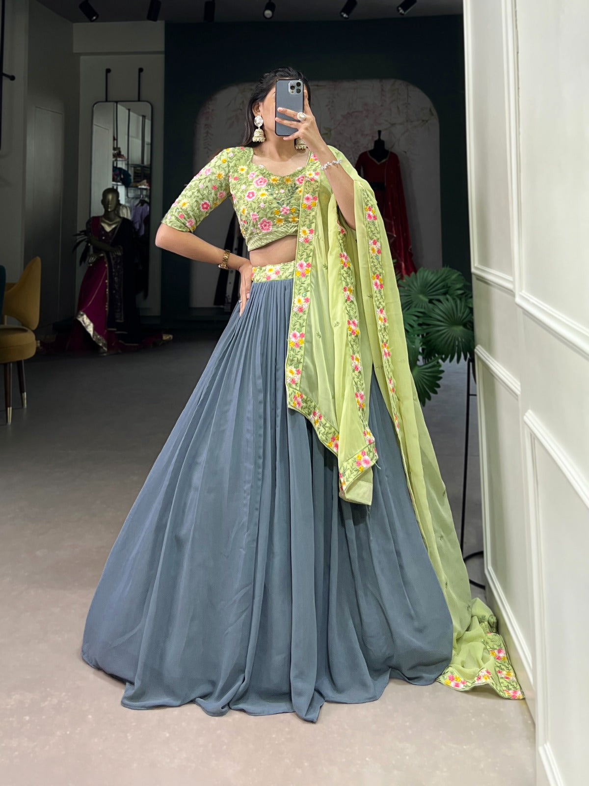 Beaming Georgette Sequins Thread Worked Lehenga Choli Set - Ethnicwish