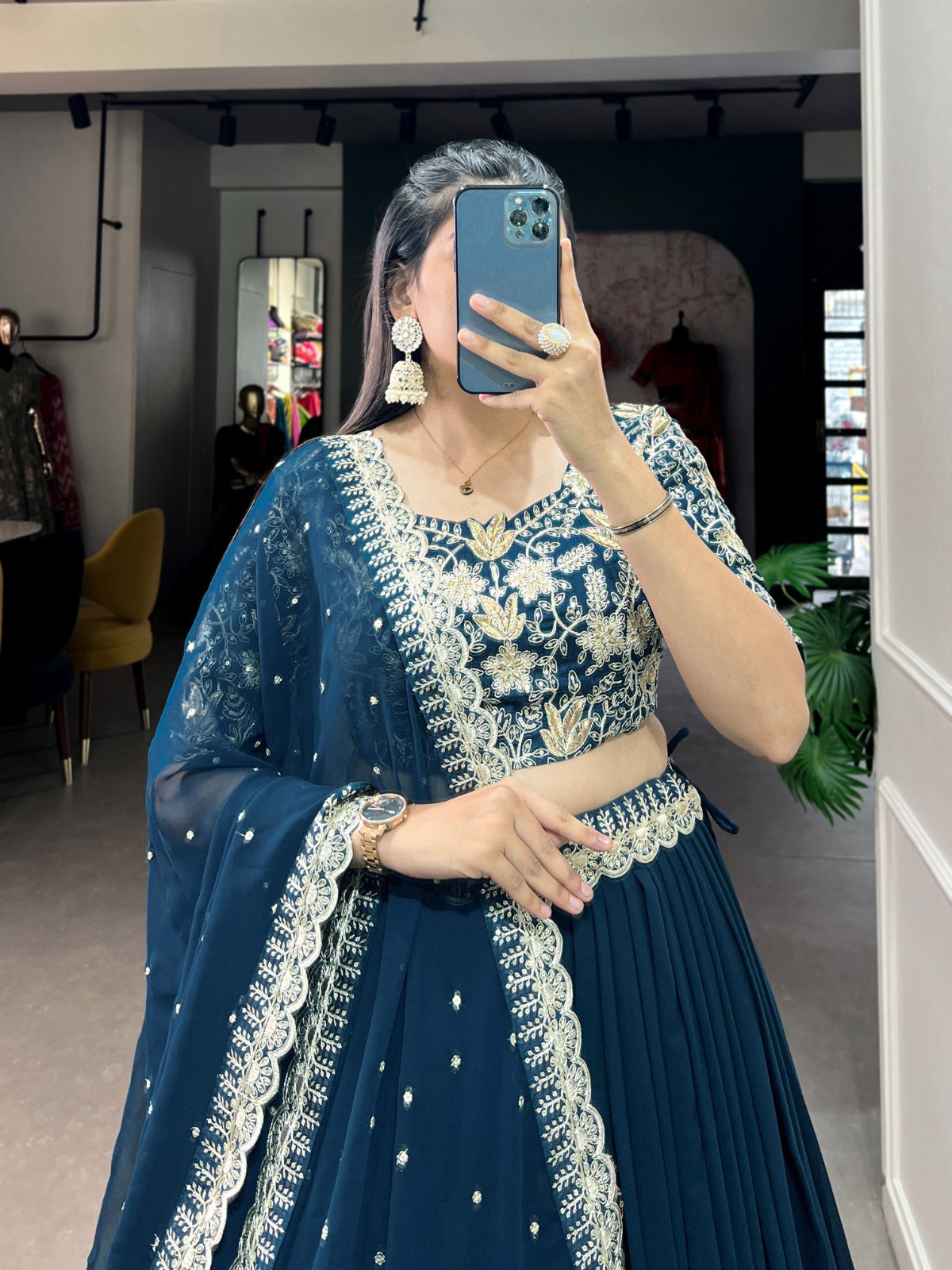 Radiant Teal Georgette Sequins Thread Worked Lehenga Choli - Ethnicwish