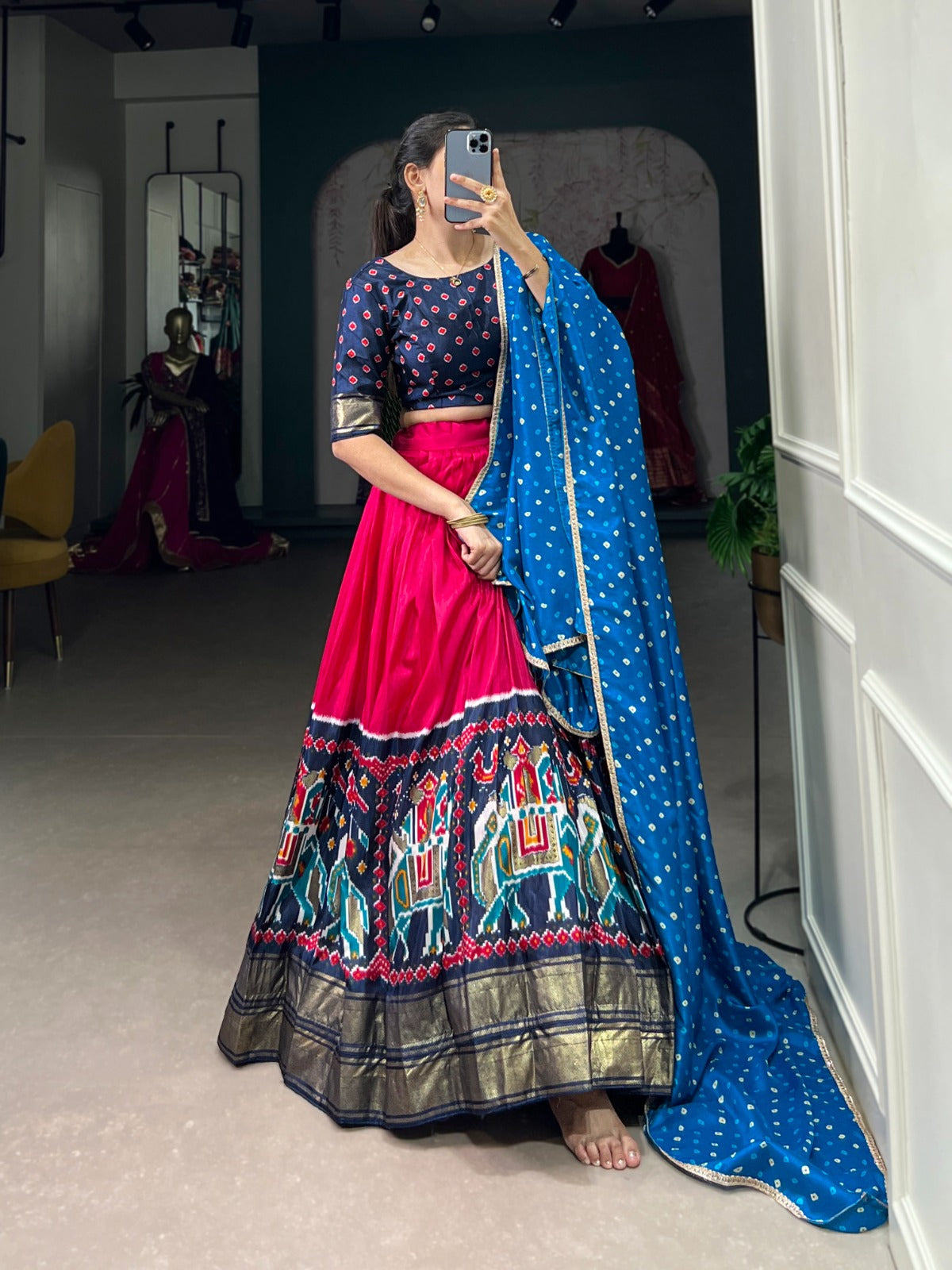 Dainty Pink Dola Silk Patola Printed Lehenga Choli Set - Ethnicwish