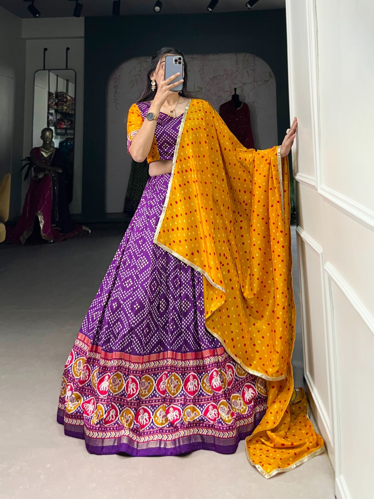Spectacular Tussar Silk Bandhej Patola Printed Lehenga Choli - Ethnicwish