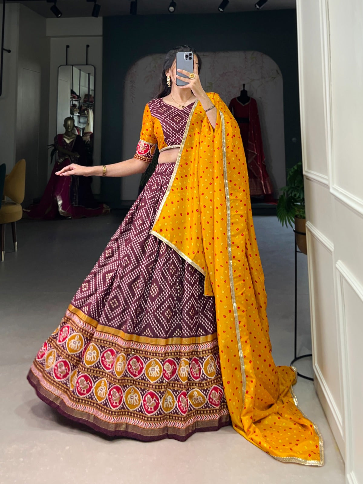 Spectacular Tussar Silk Bandhej Patola Printed Lehenga Choli - Ethnicwish
