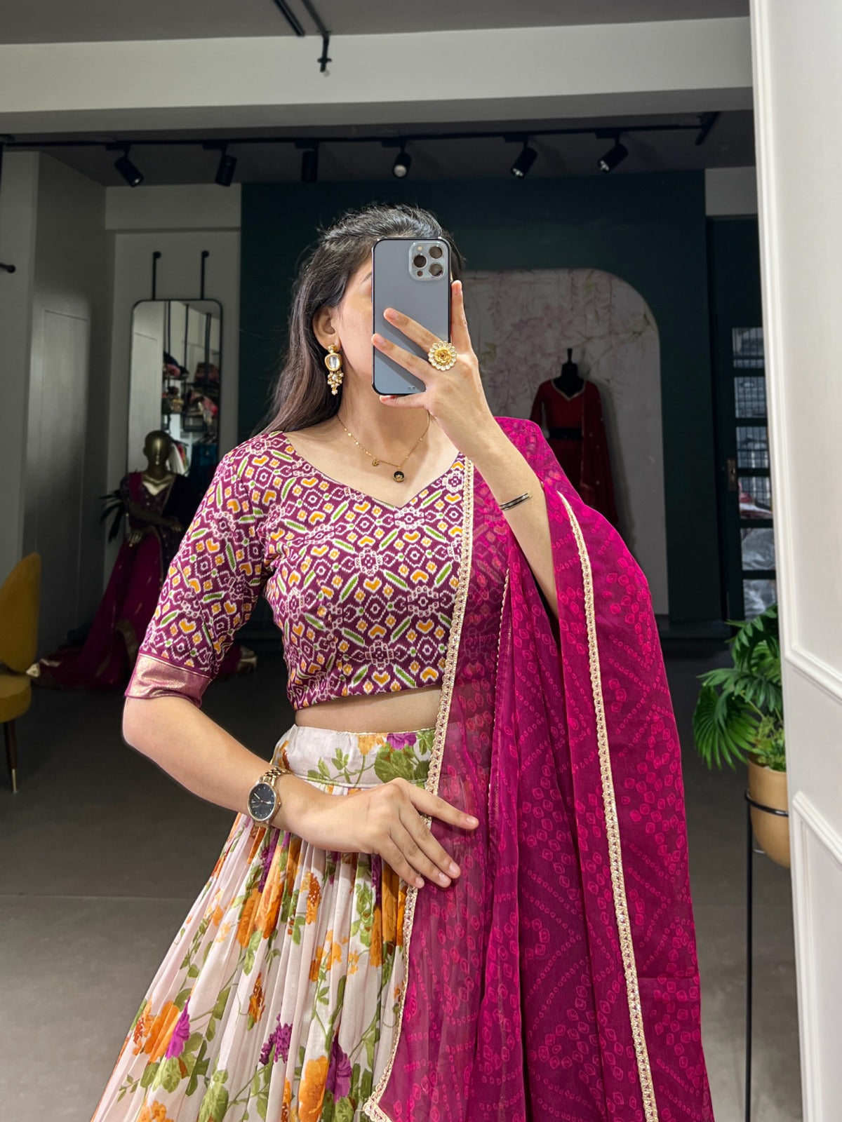Stylish Wine Tussar Silk Floral Patola Printed Lehenga Choli Set - Ethnicwish