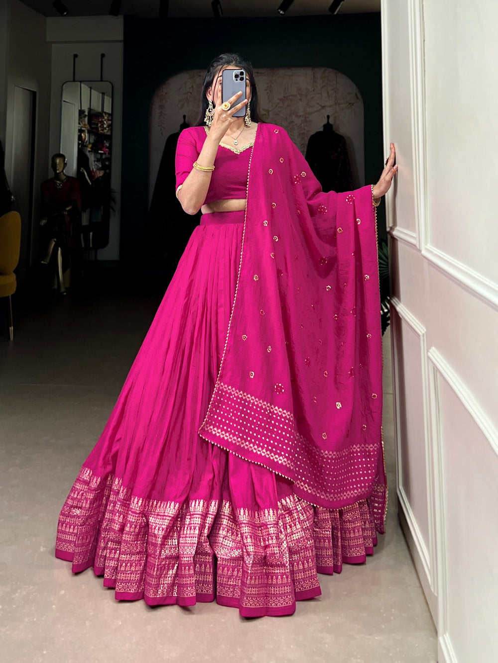 Resplendent Pure Chanderi Silk Zari Weaving Worked Lehenga Choli