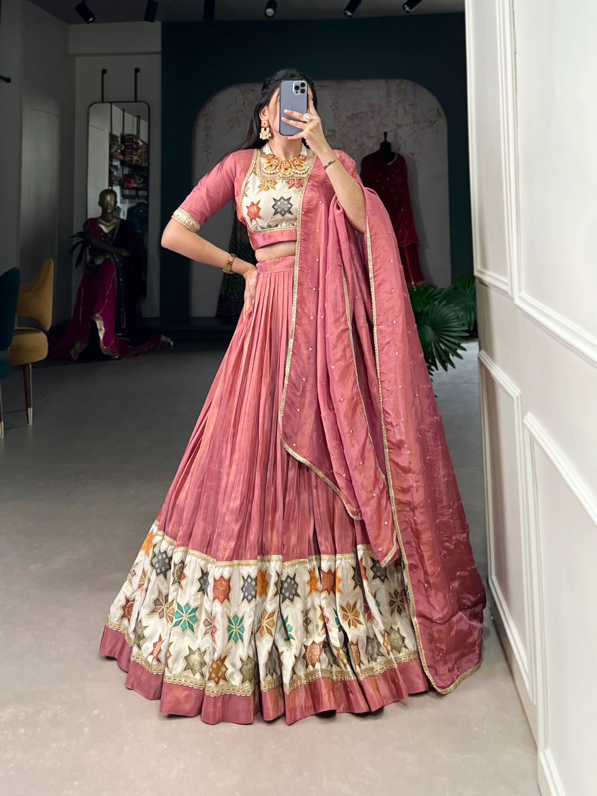 Vibrant Pure Shimmer Lace Border Worked Stitched Lehenga Choli - Ethnicwish