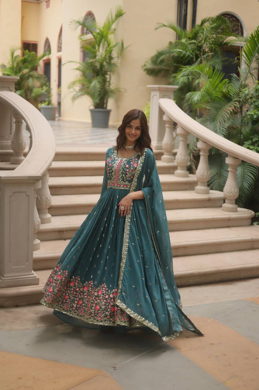 Breathtaking Faux Georgette Rich Sequins Embroidered Top Sharara Suit - INDIAN ELEGANCE