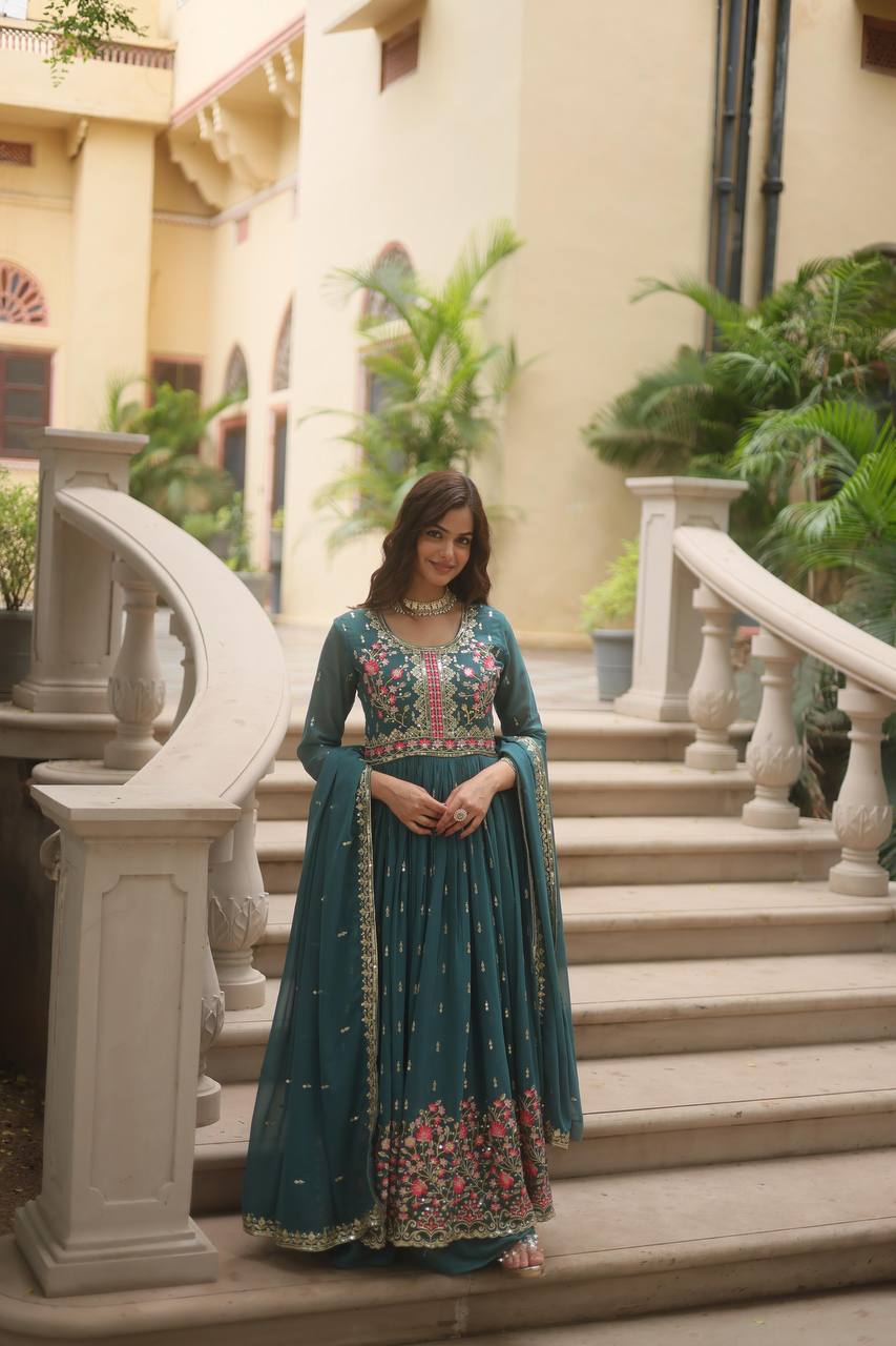 Breathtaking Faux Georgette Rich Sequins Embroidered Top Sharara Suit - INDIAN ELEGANCE