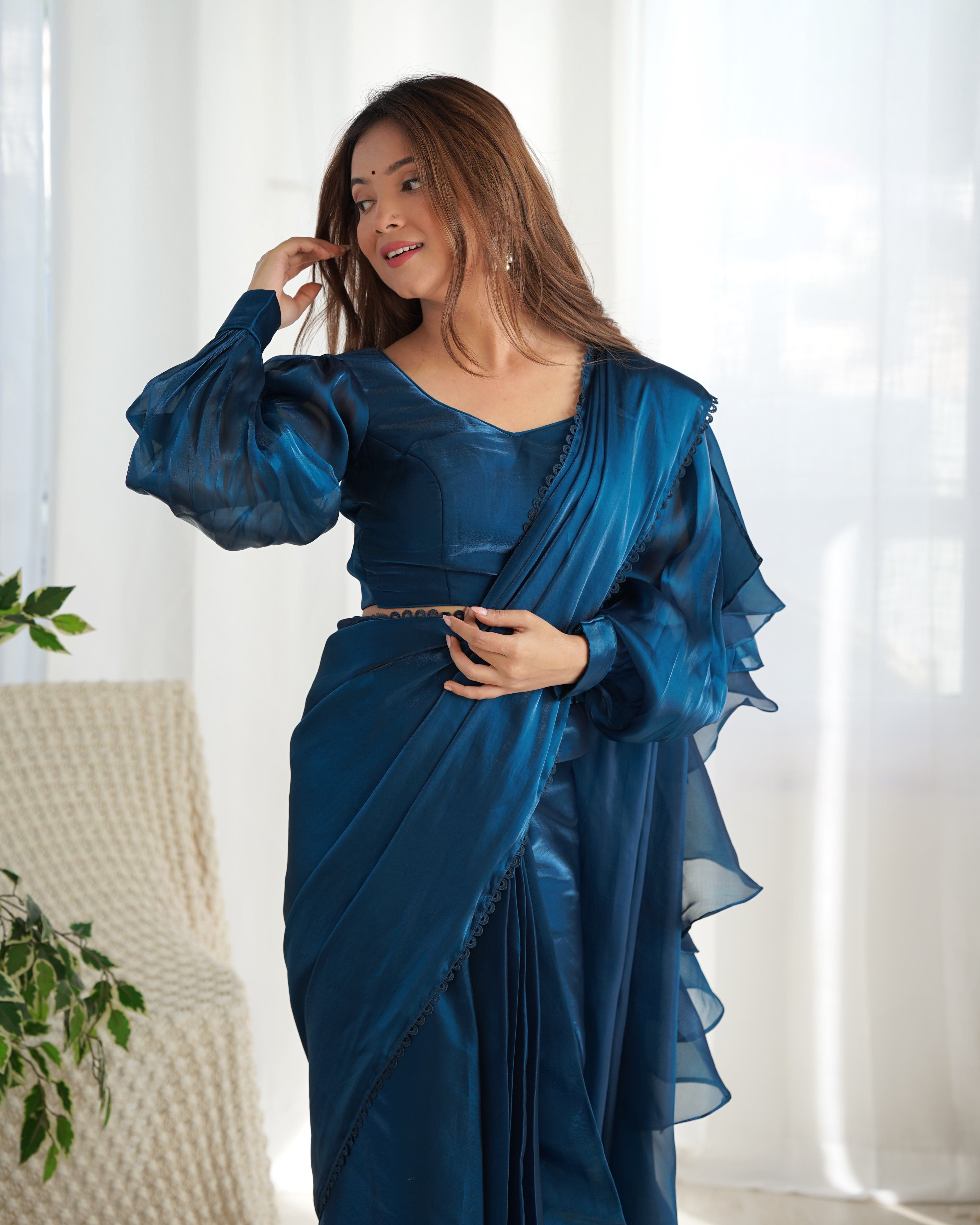 Alluring Jimmi Organza Silk Fully Stitched Ready To Wear Saree - Ethnicwish