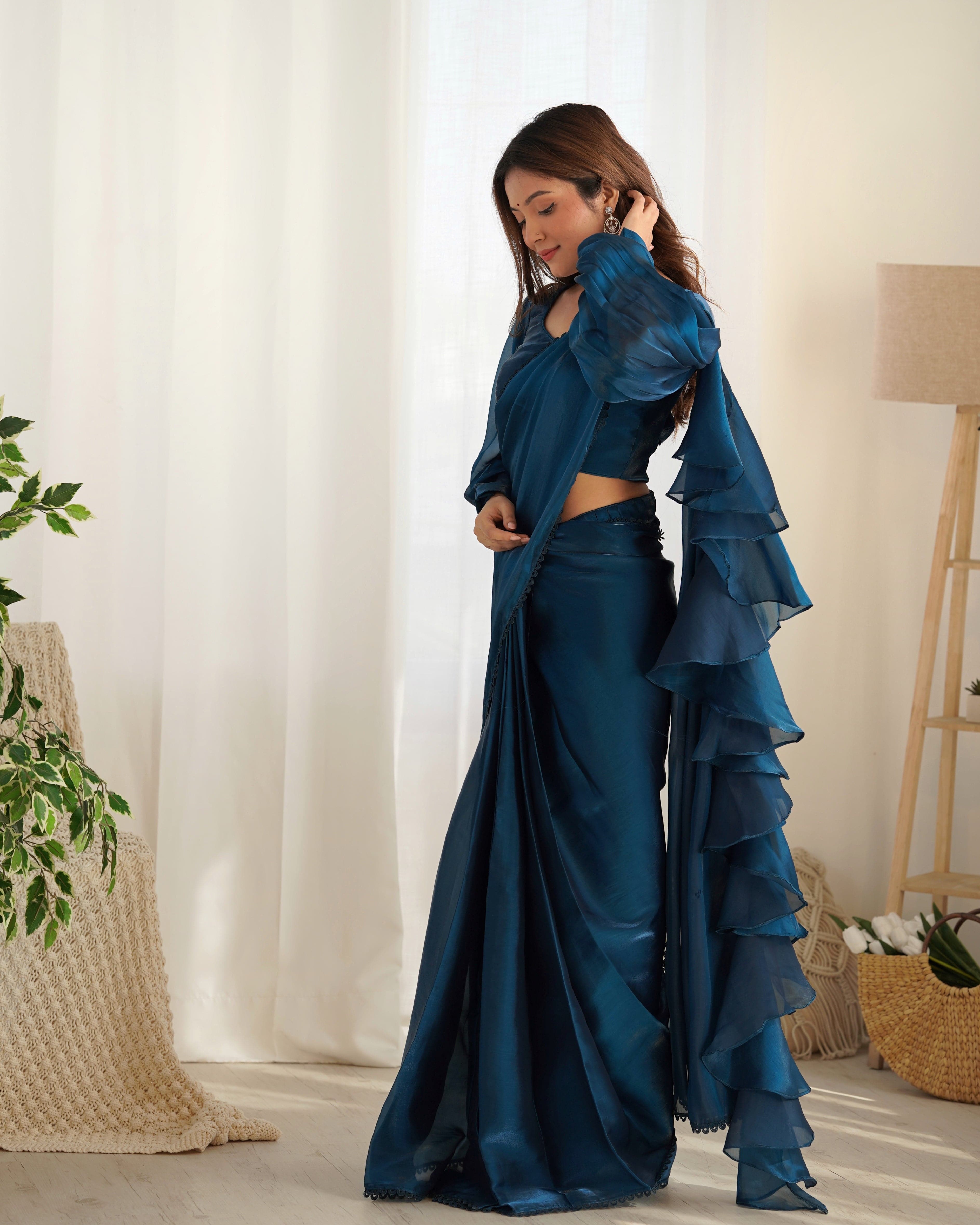Alluring Jimmi Organza Silk Fully Stitched Ready To Wear Saree - Ethnicwish