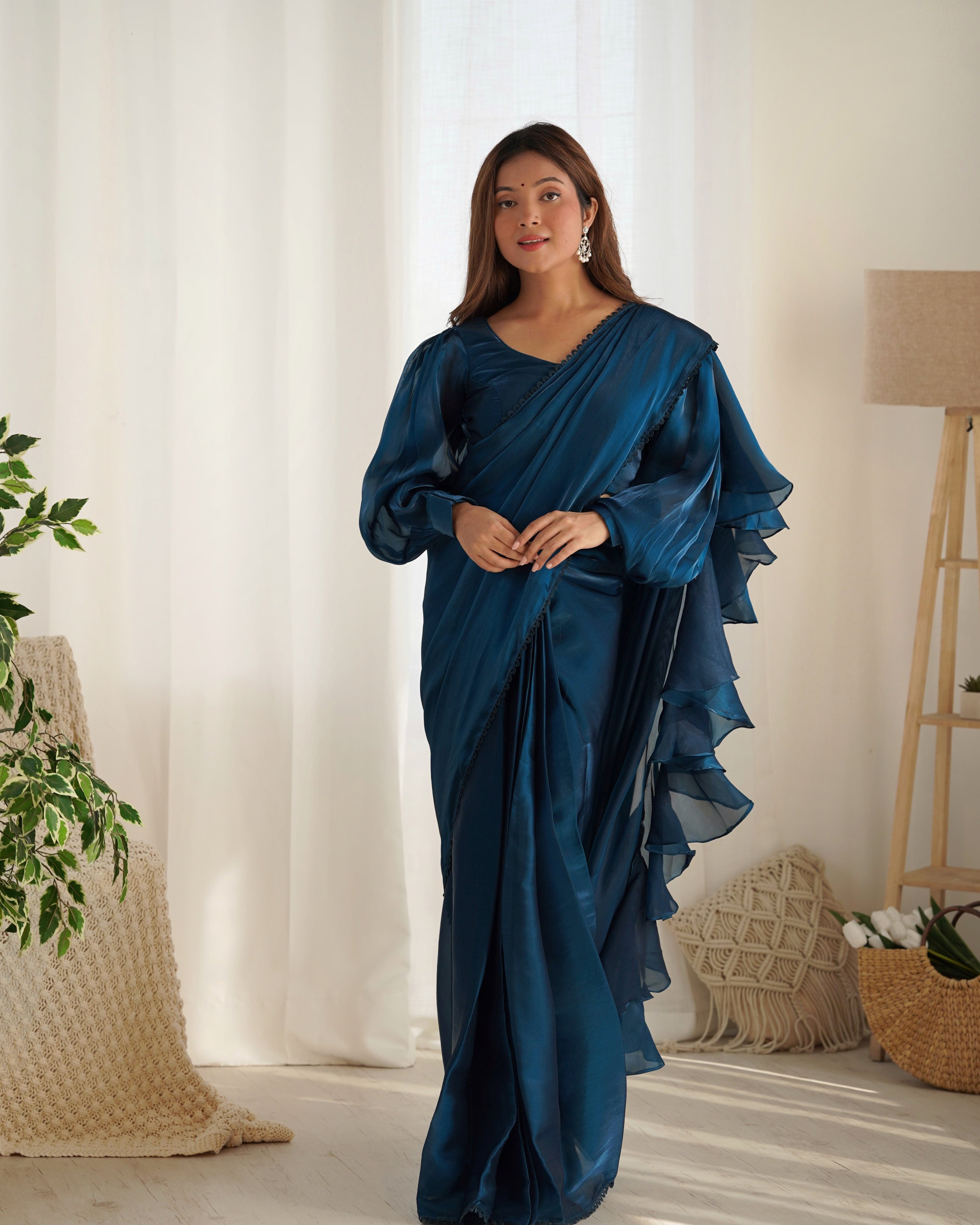 Alluring Jimmi Organza Silk Fully Stitched Ready To Wear Saree - Ethnicwish