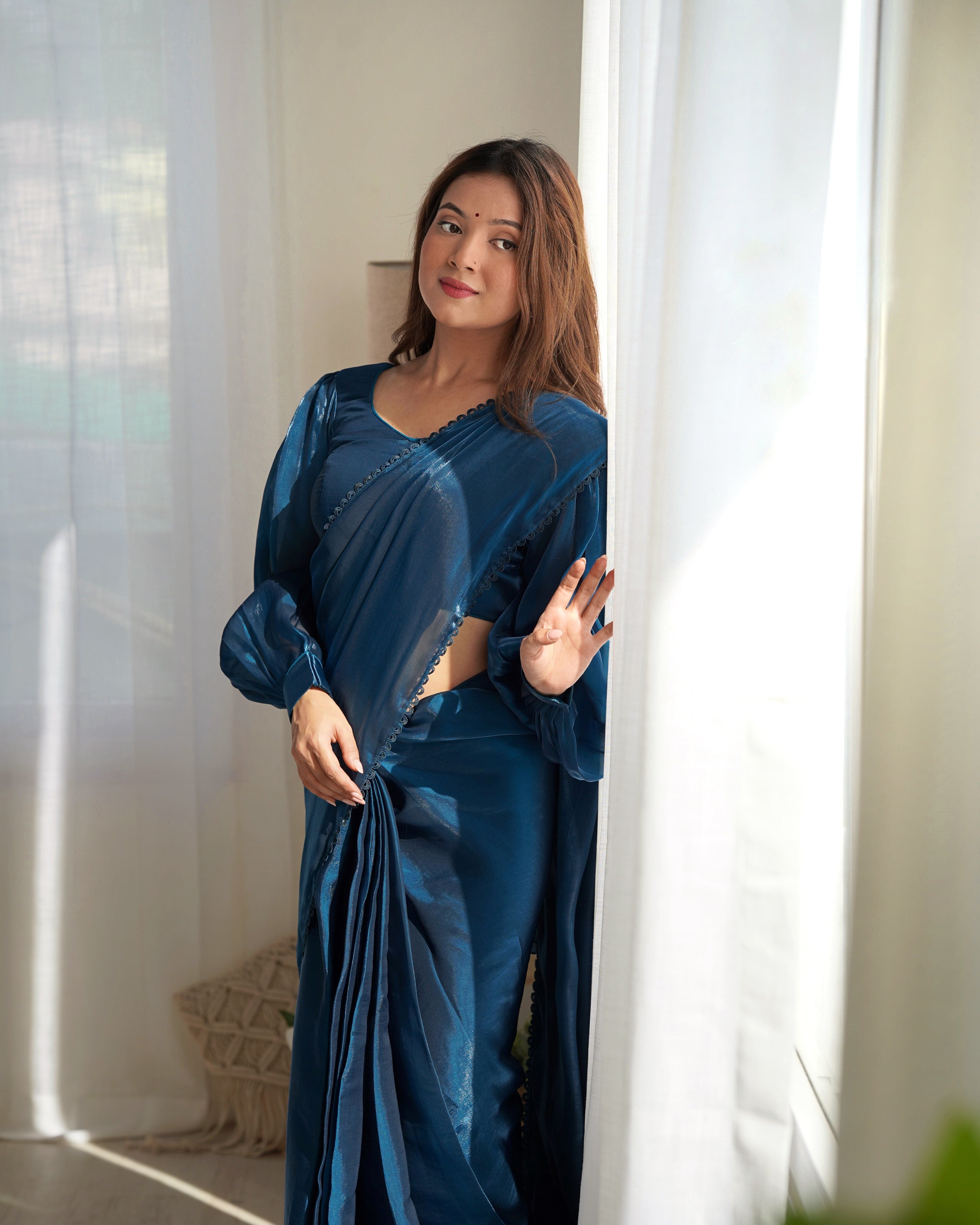 Alluring Jimmi Organza Silk Fully Stitched Ready To Wear Saree - Ethnicwish