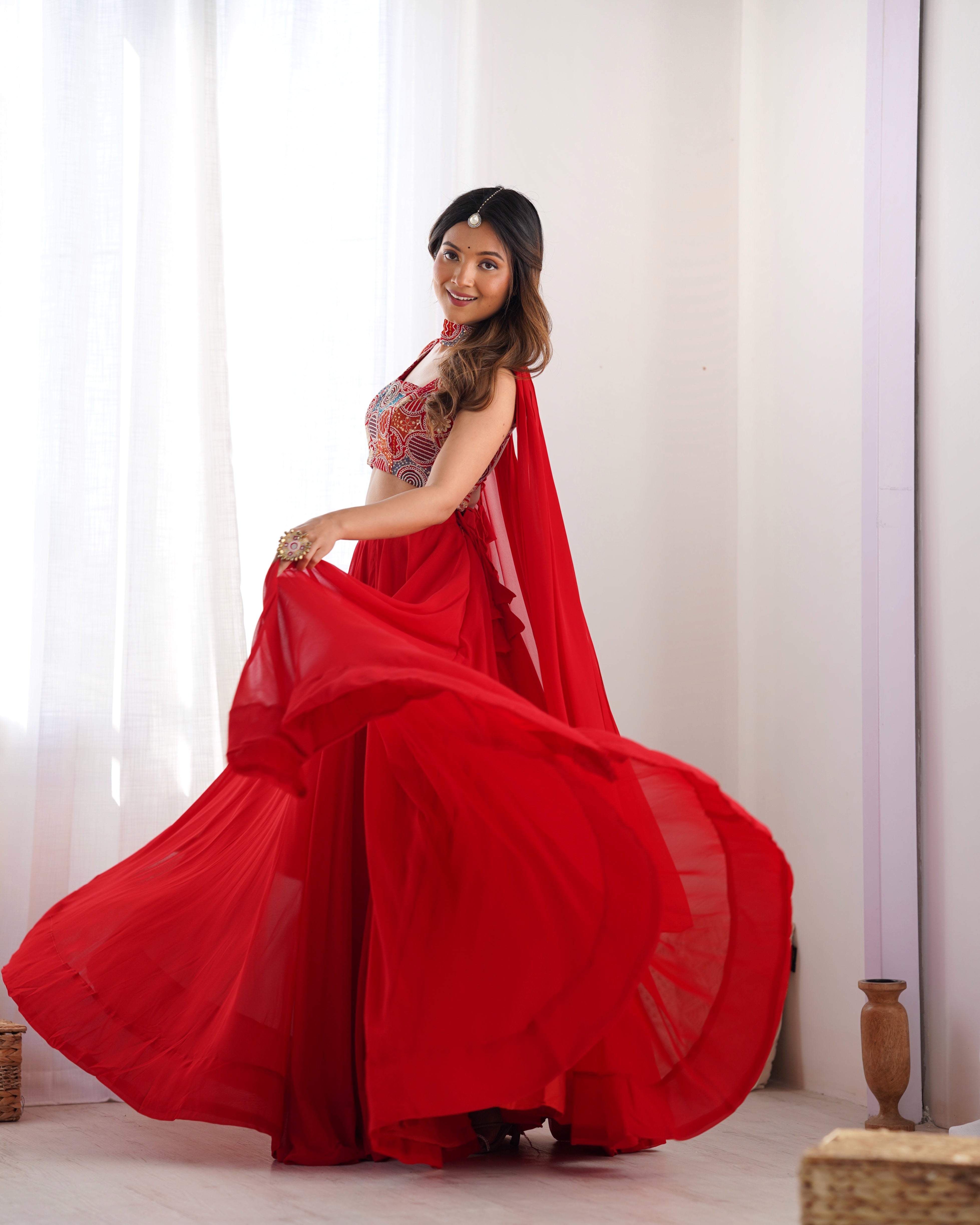 Fabulous Red Pure Soft Faux Georgette Fully Stitched Lehenga Choli Set - INDIAN ELEGANCE