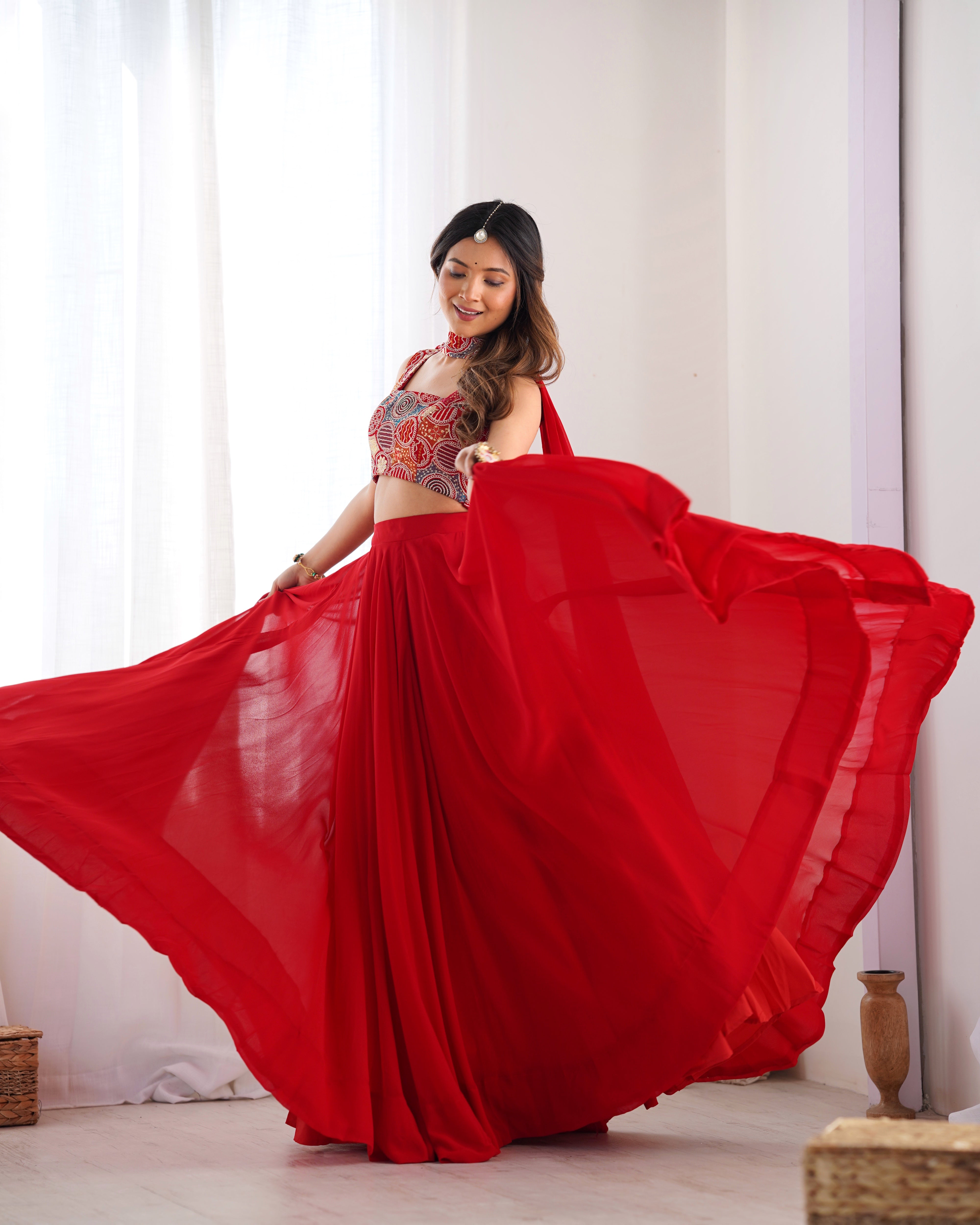 Fabulous Red Pure Soft Faux Georgette Fully Stitched Lehenga Choli Set - INDIAN ELEGANCE