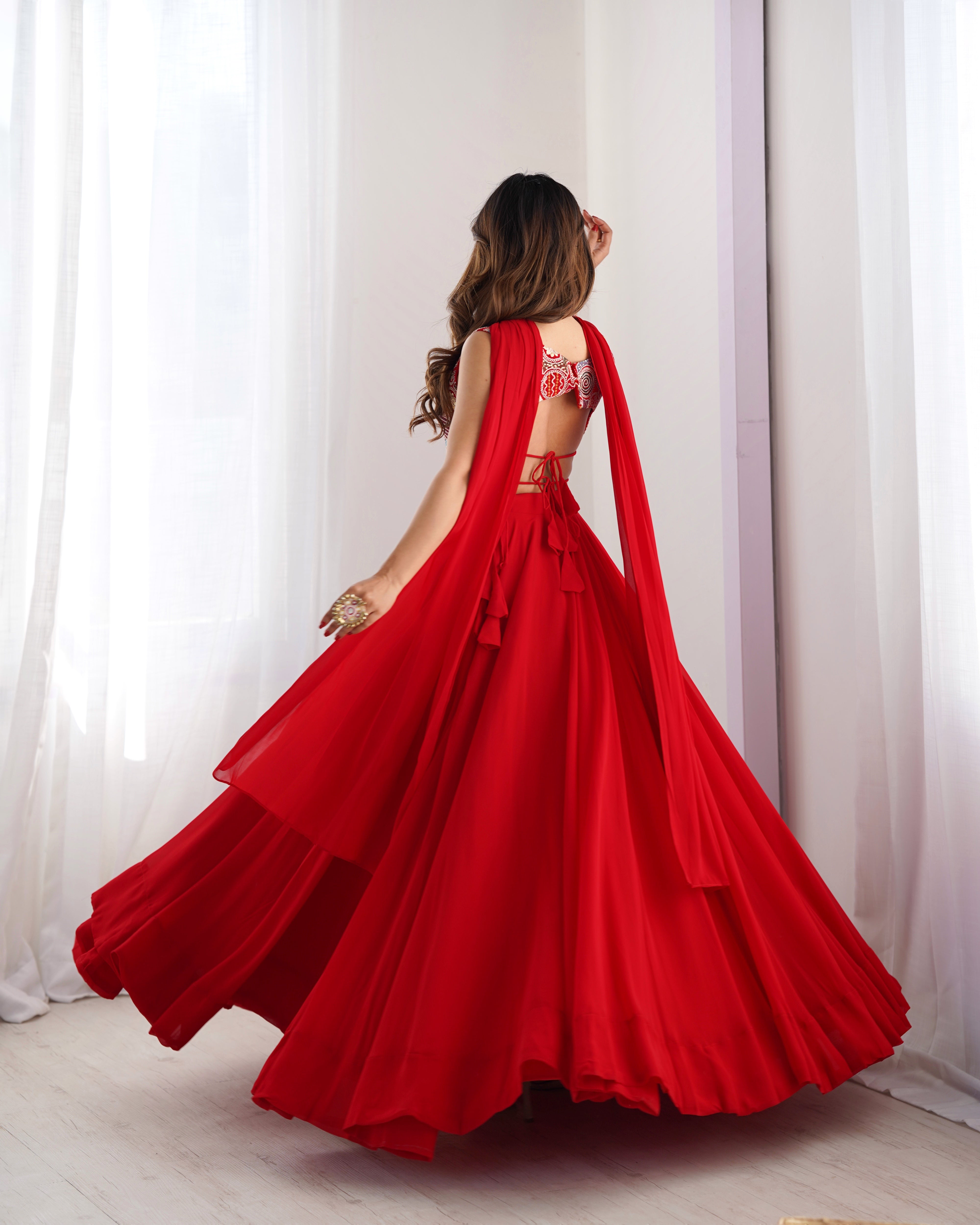 Fabulous Red Pure Soft Faux Georgette Fully Stitched Lehenga Choli Set - INDIAN ELEGANCE