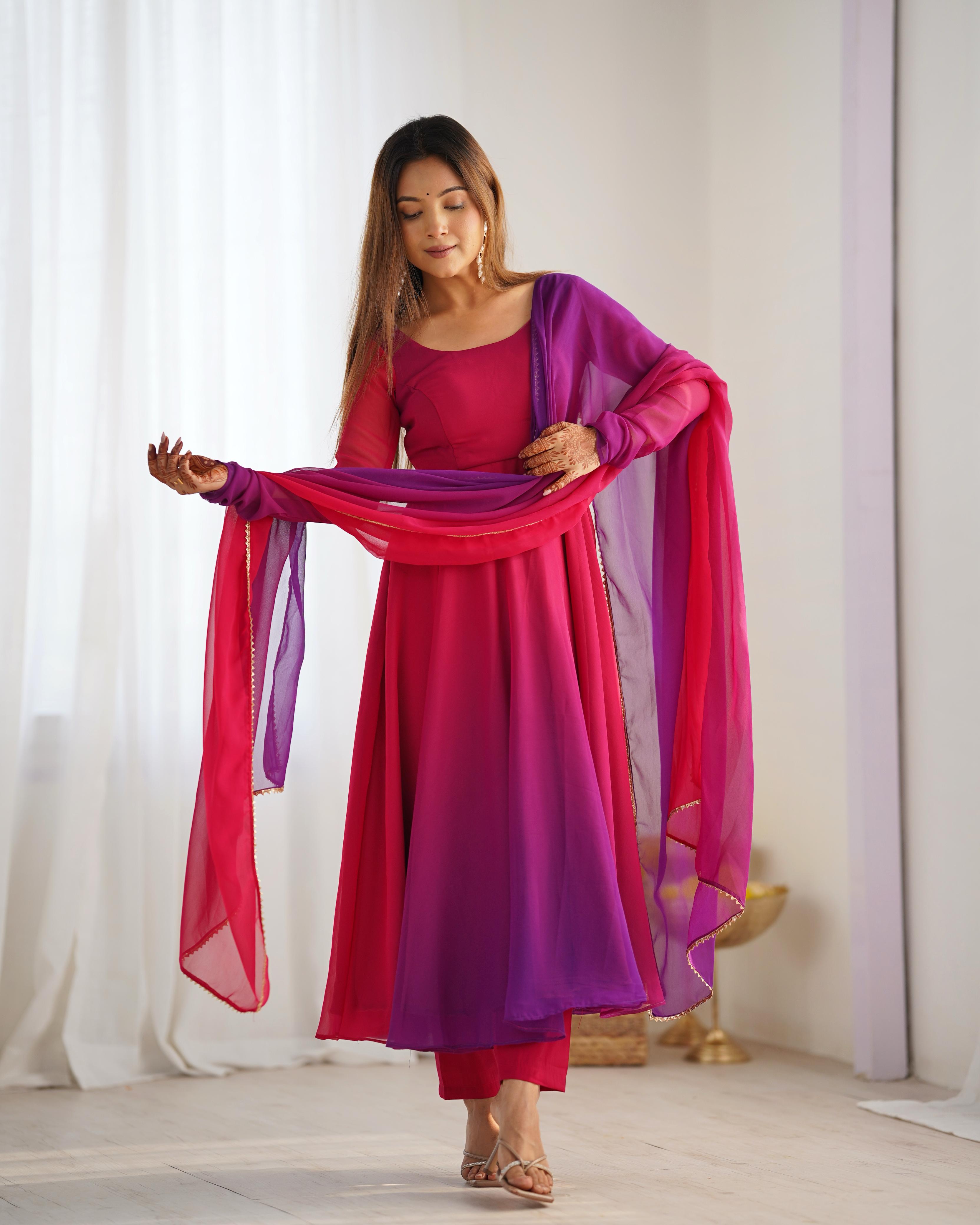 Spectacular Shaded Digital Printed Faux Georgette Anarkali Pant Suit - Ethnicwish