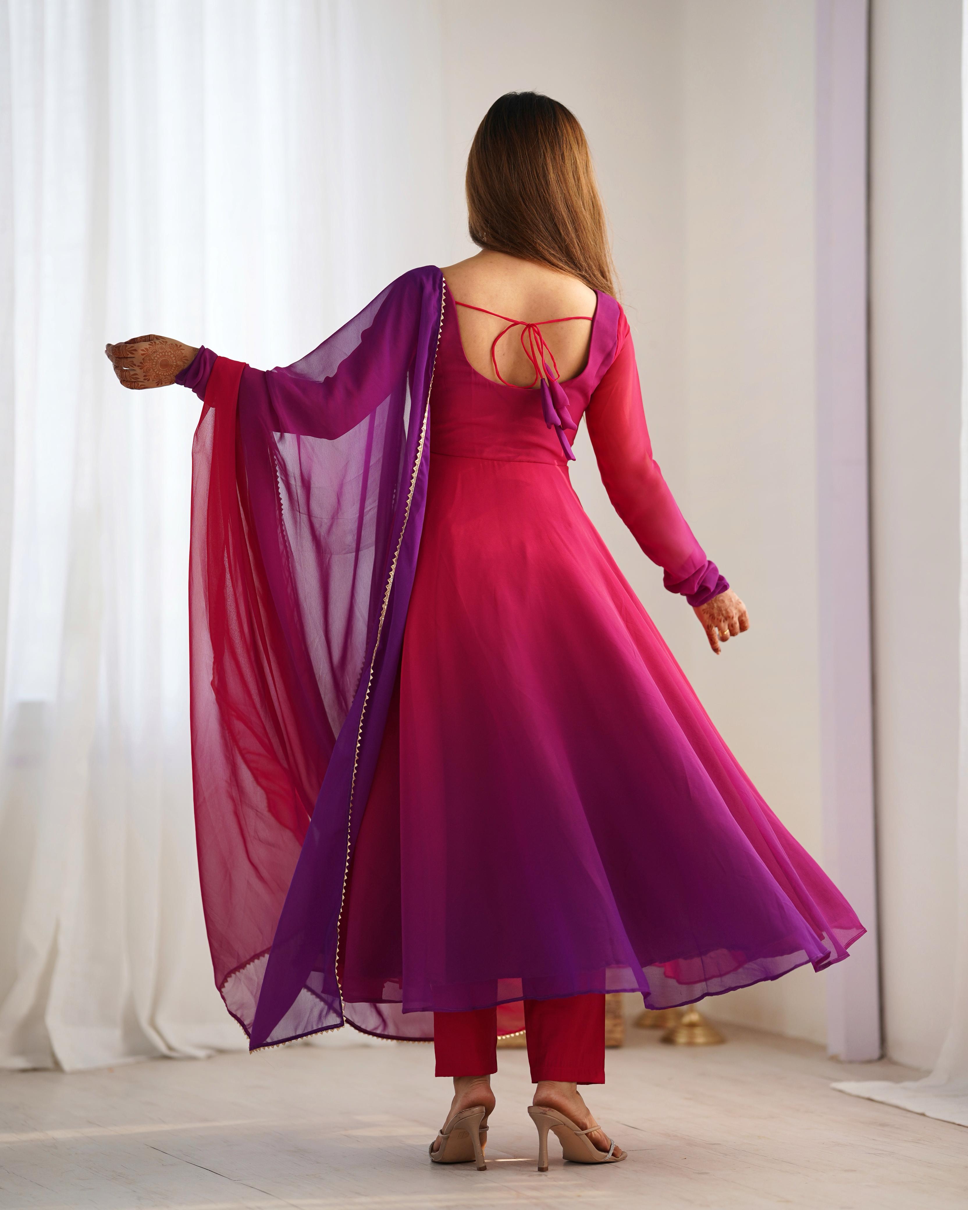 Spectacular Shaded Digital Printed Faux Georgette Anarkali Pant Suit - Ethnicwish