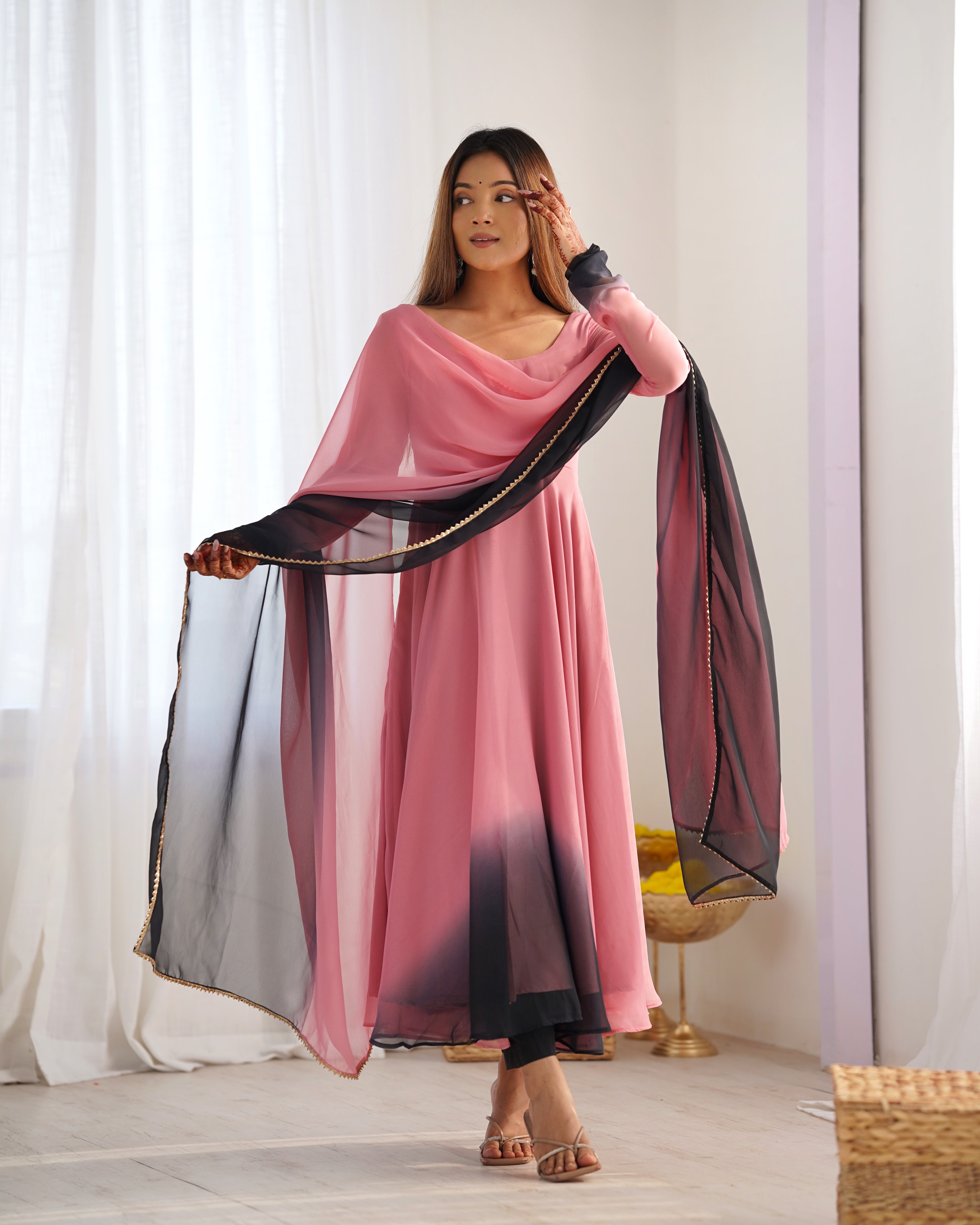 Spectacular Shaded Digital Printed Faux Georgette Anarkali Pant Suit - Ethnicwish