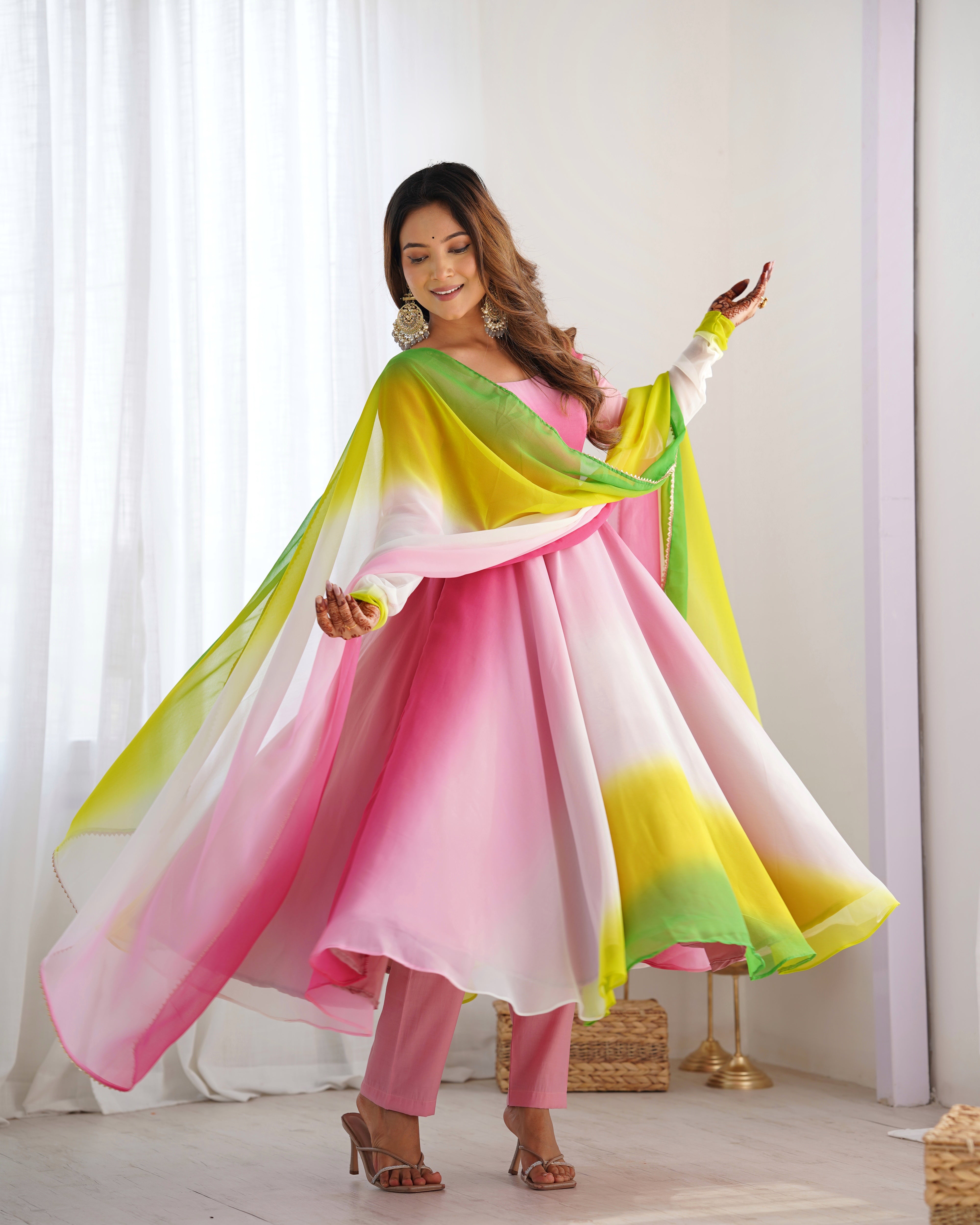 Spectacular Shaded Digital Printed Faux Georgette Anarkali Pant Suit - Ethnicwish