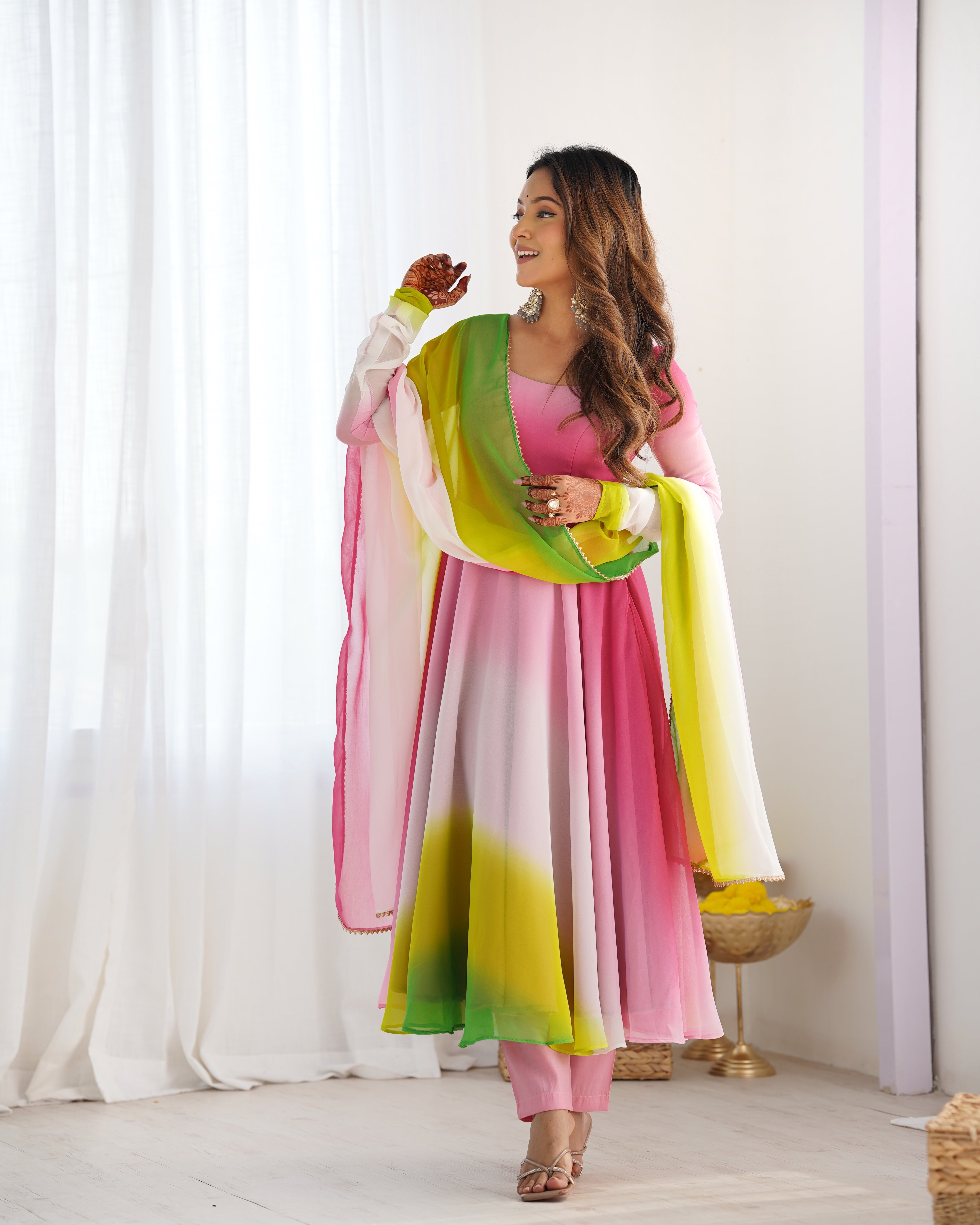 Spectacular Shaded Digital Printed Faux Georgette Anarkali Pant Suit - Ethnicwish
