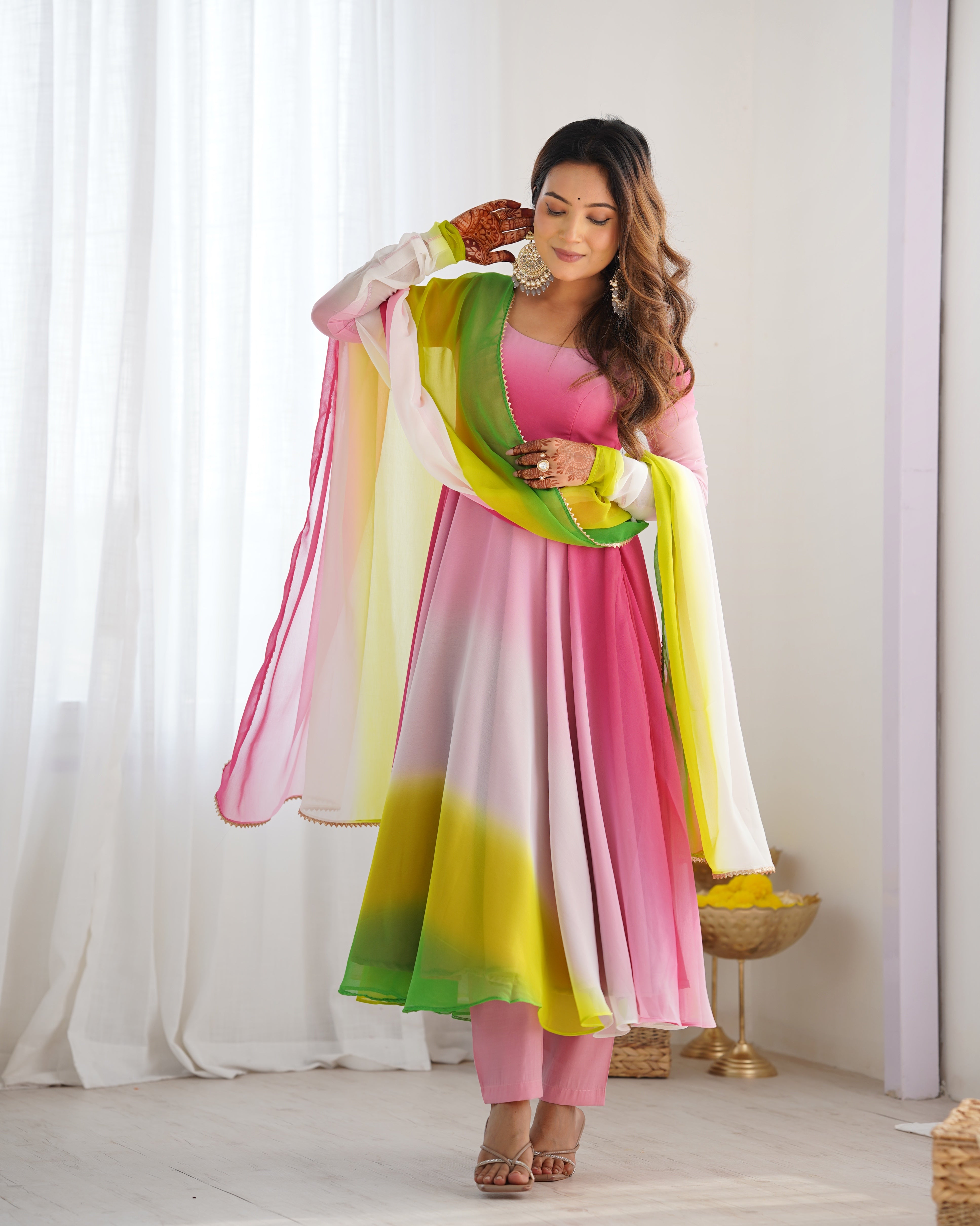 Spectacular Shaded Digital Printed Faux Georgette Anarkali Pant Suit - Ethnicwish