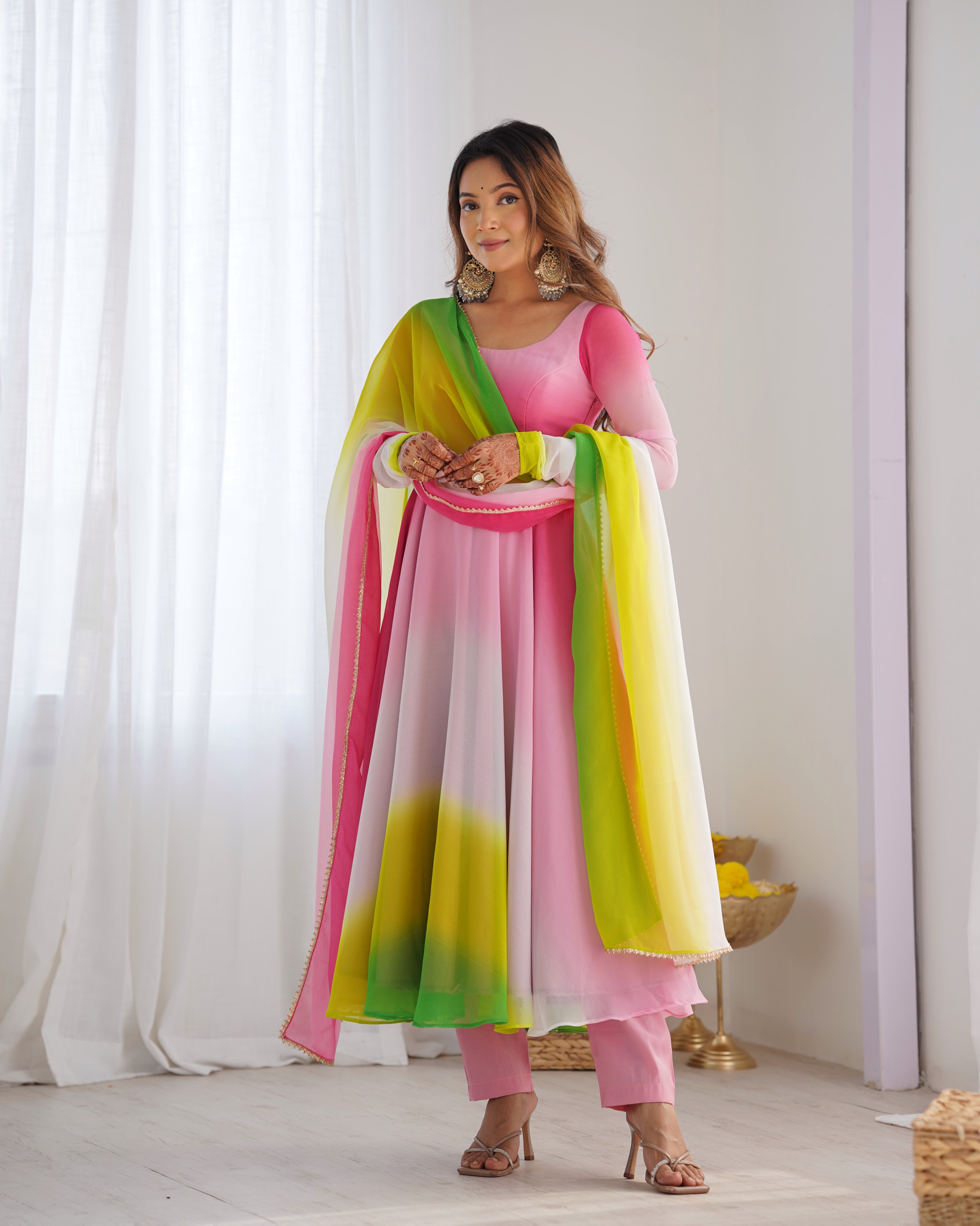 Spectacular Shaded Digital Printed Faux Georgette Anarkali Pant Suit - Ethnicwish