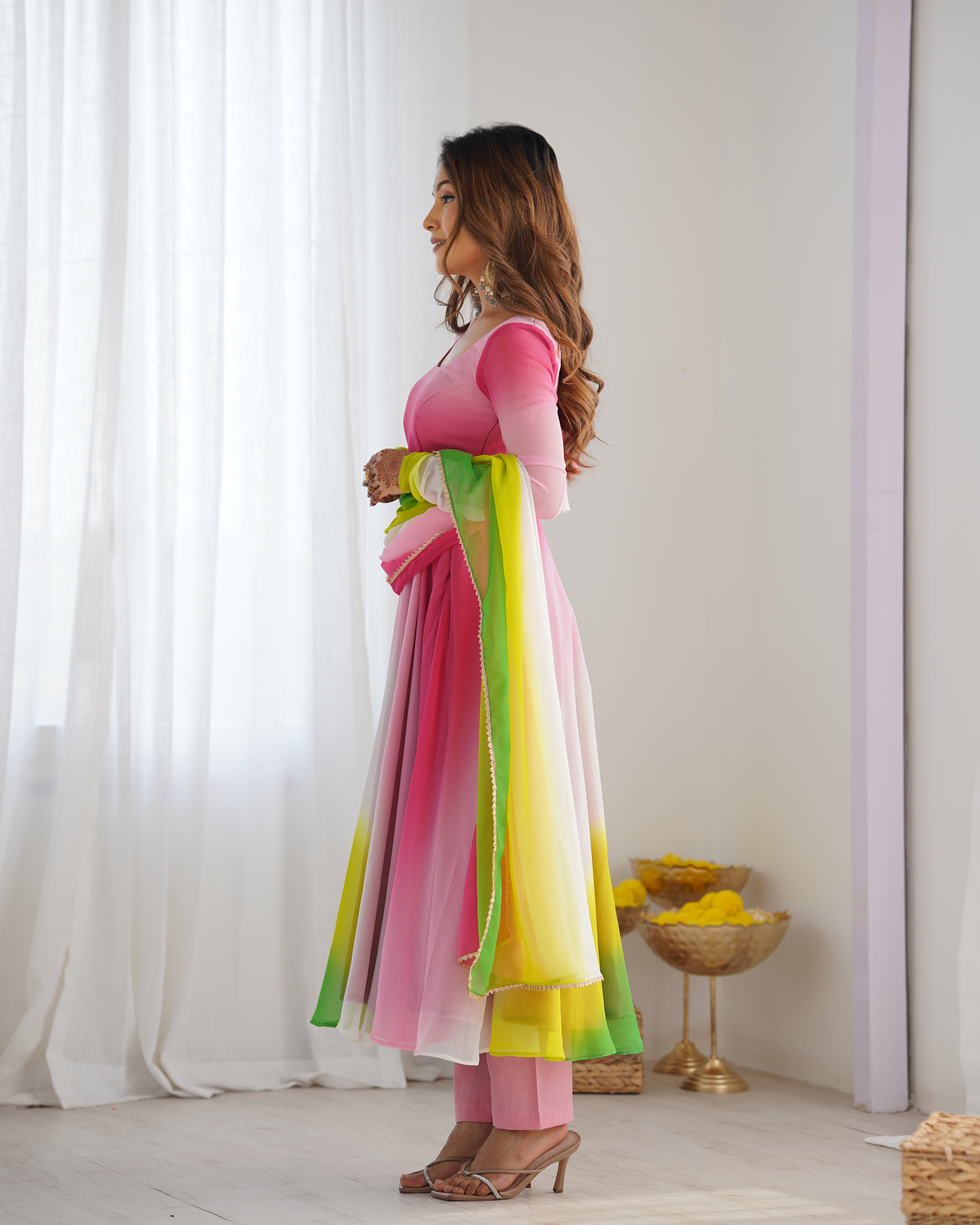 Spectacular Shaded Digital Printed Faux Georgette Anarkali Pant Suit - Ethnicwish