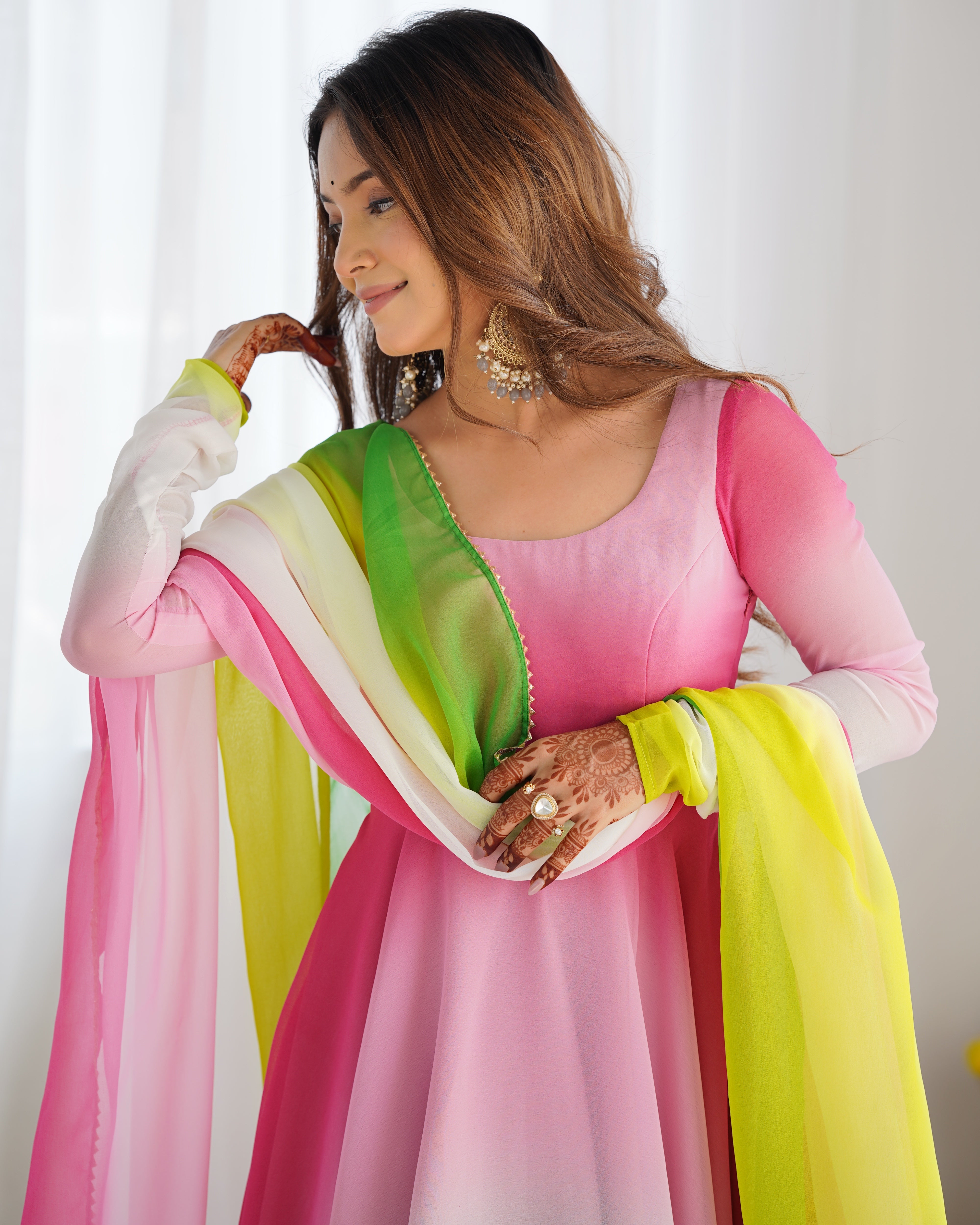 Spectacular Shaded Digital Printed Faux Georgette Anarkali Pant Suit - Ethnicwish