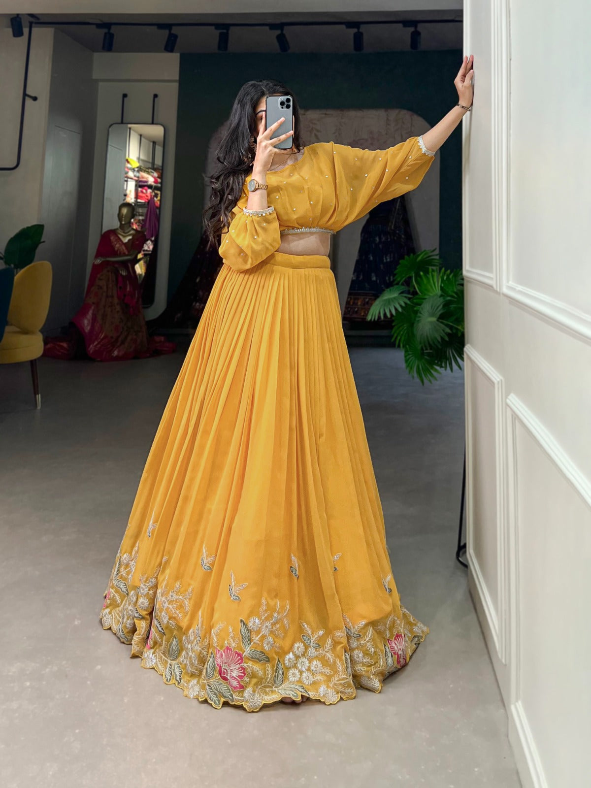 Elegant Georgette Sequins Butti Lace Border Worked Top Lehenga Set - INDIAN ELEGANCE