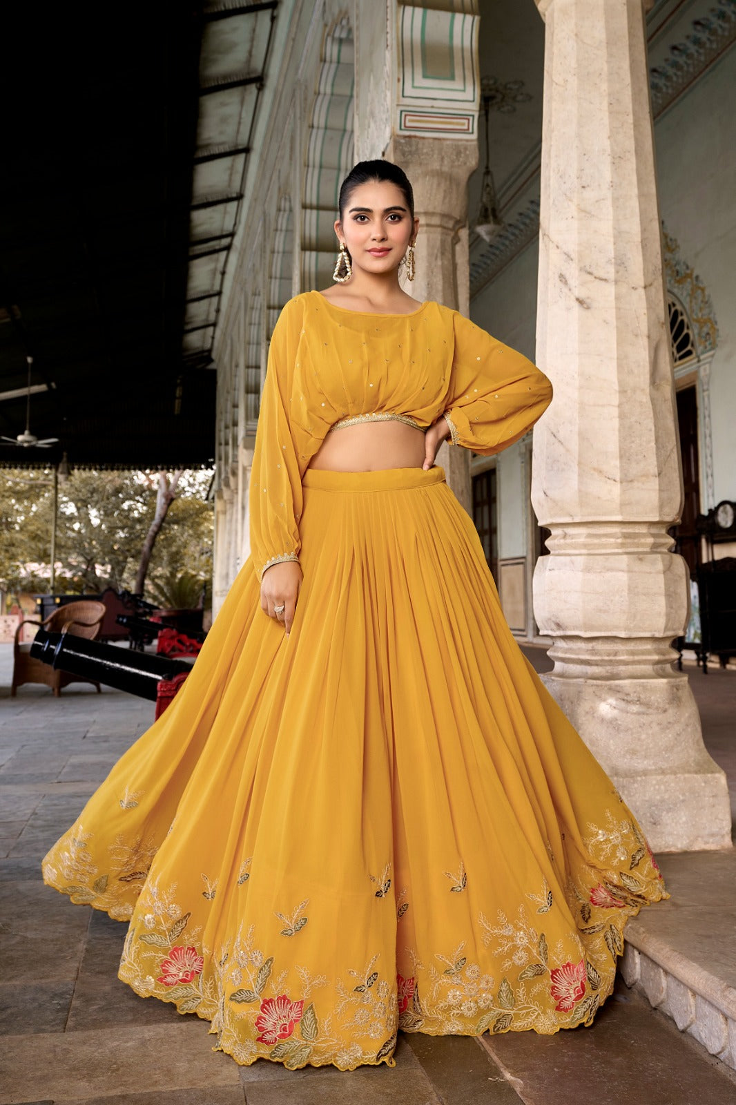 Elegant Georgette Sequins Butti Lace Border Worked Top Lehenga Set - INDIAN ELEGANCE