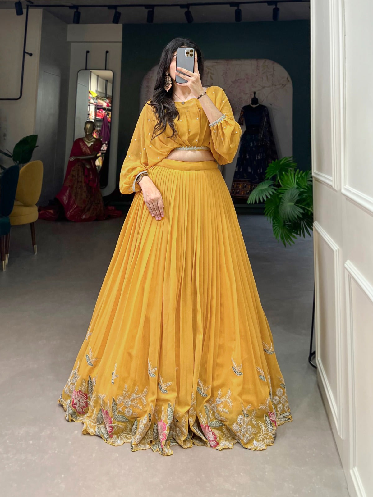 Elegant Georgette Sequins Butti Lace Border Worked Top Lehenga Set - INDIAN ELEGANCE