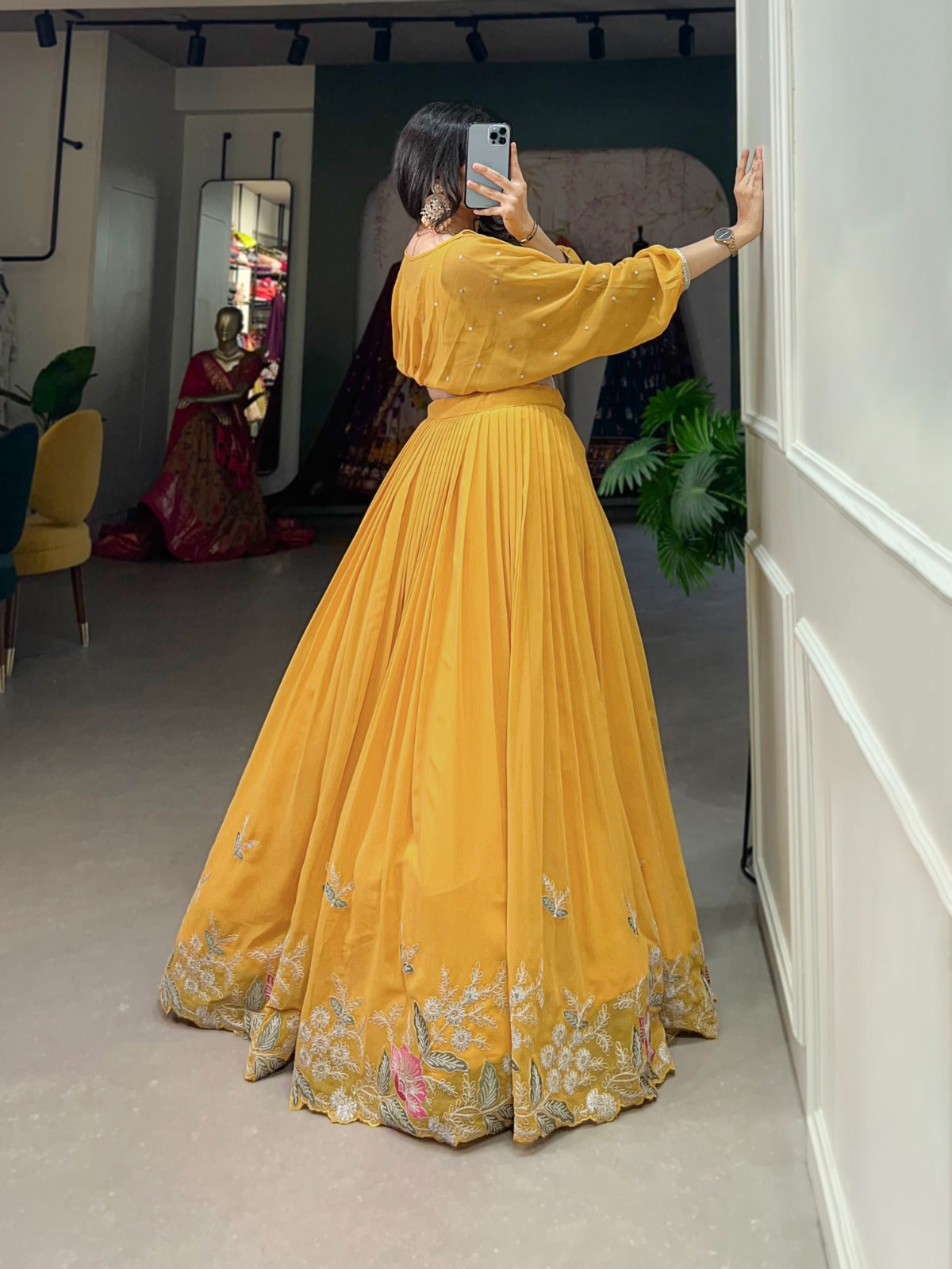 Elegant Georgette Sequins Butti Lace Border Worked Top Lehenga Set - INDIAN ELEGANCE