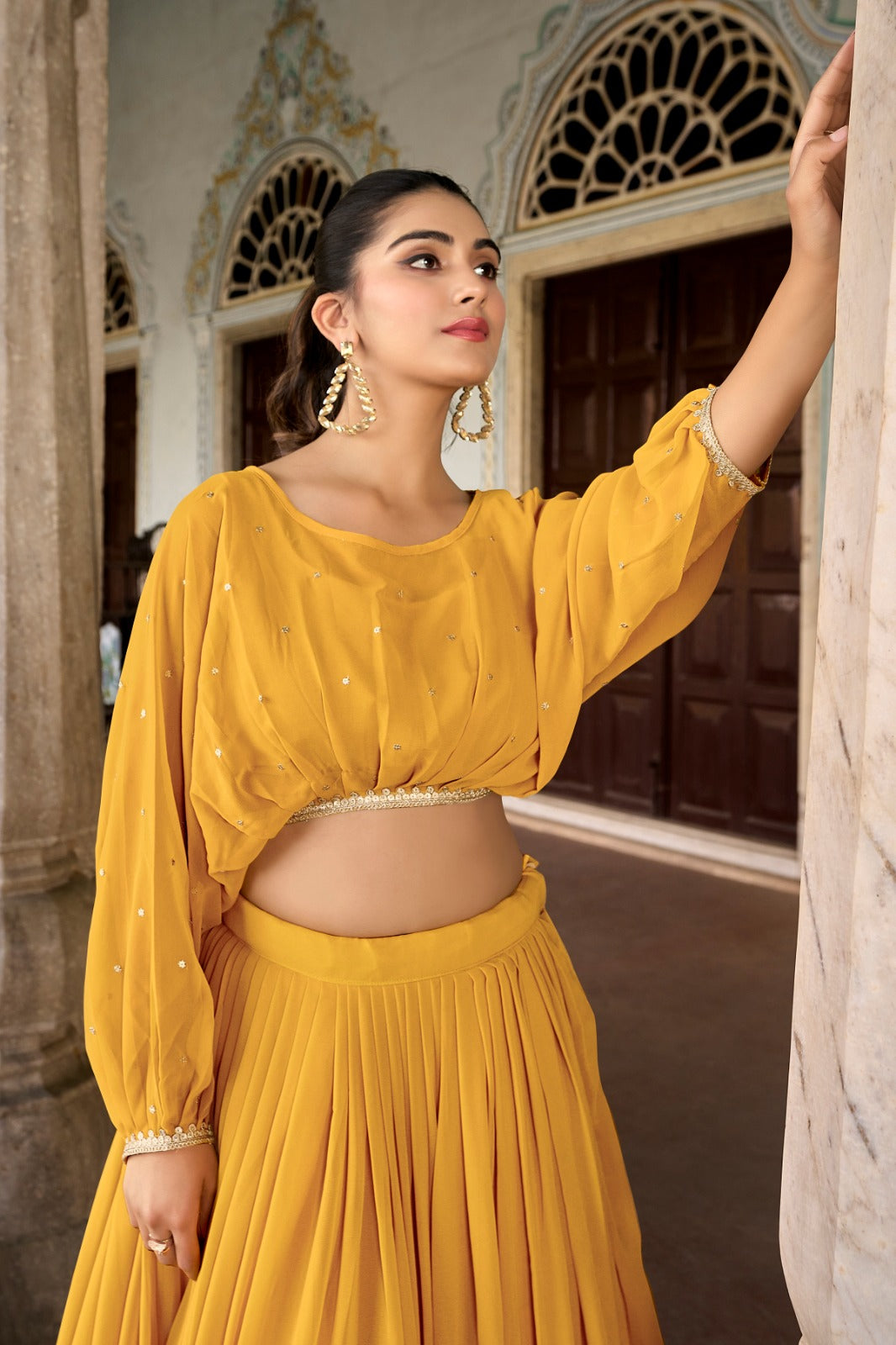 Elegant Georgette Sequins Butti Lace Border Worked Top Lehenga Set - INDIAN ELEGANCE