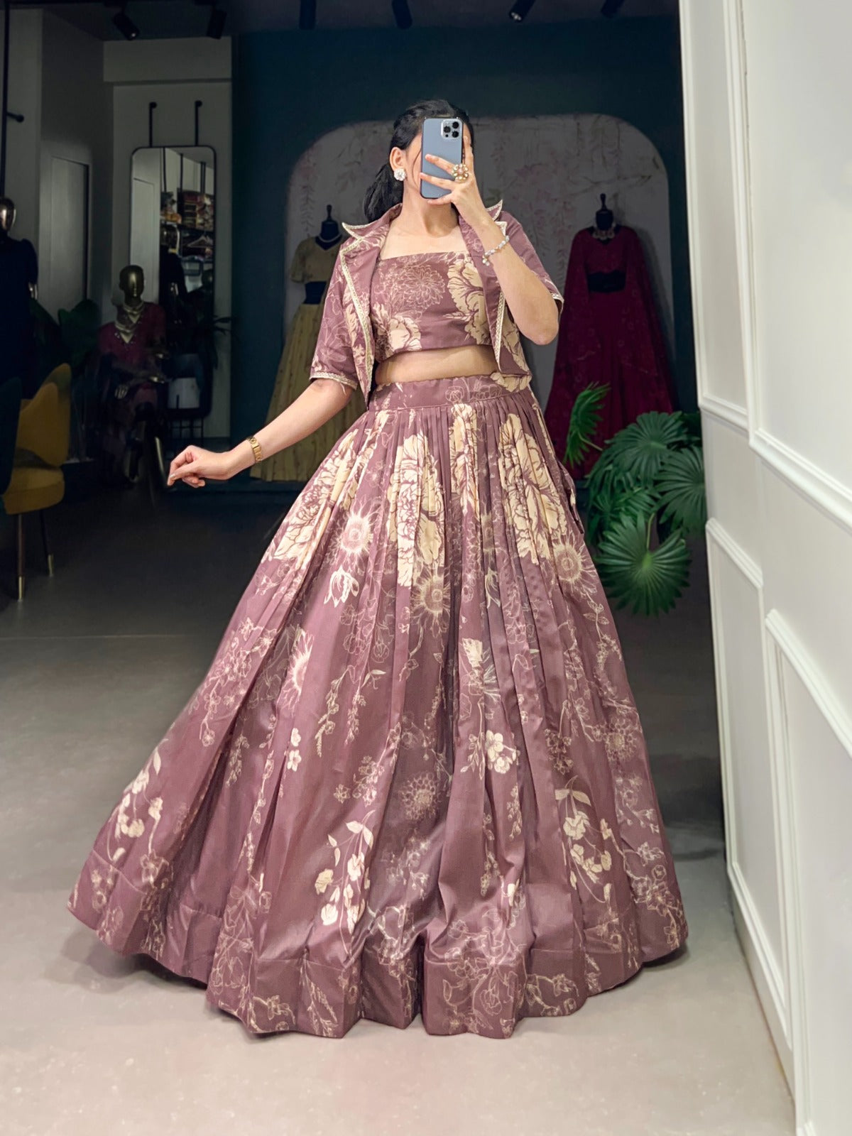 Exquisite Tussar Silk Floral Printed Lehenga Choli  Koti Set - Ethnicwish