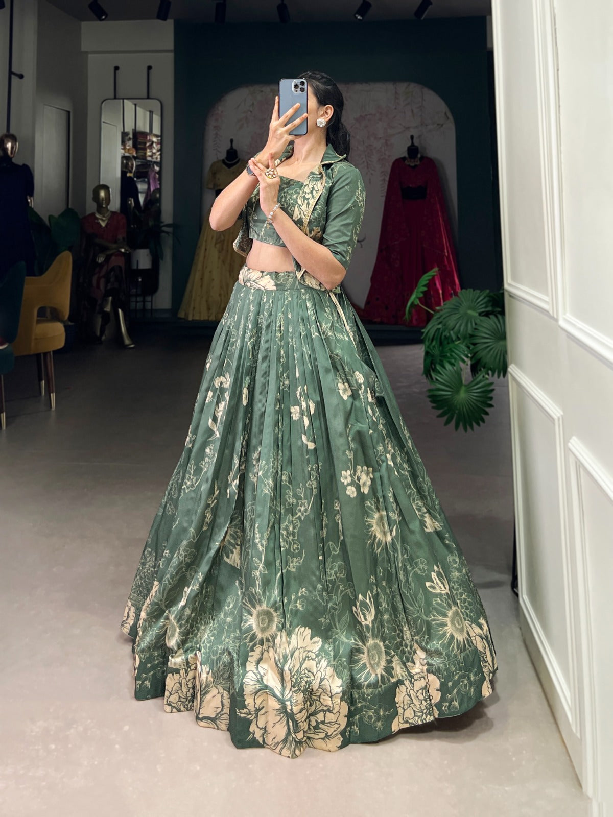 Exquisite Tussar Silk Floral Printed Lehenga Choli  Koti Set - Ethnicwish
