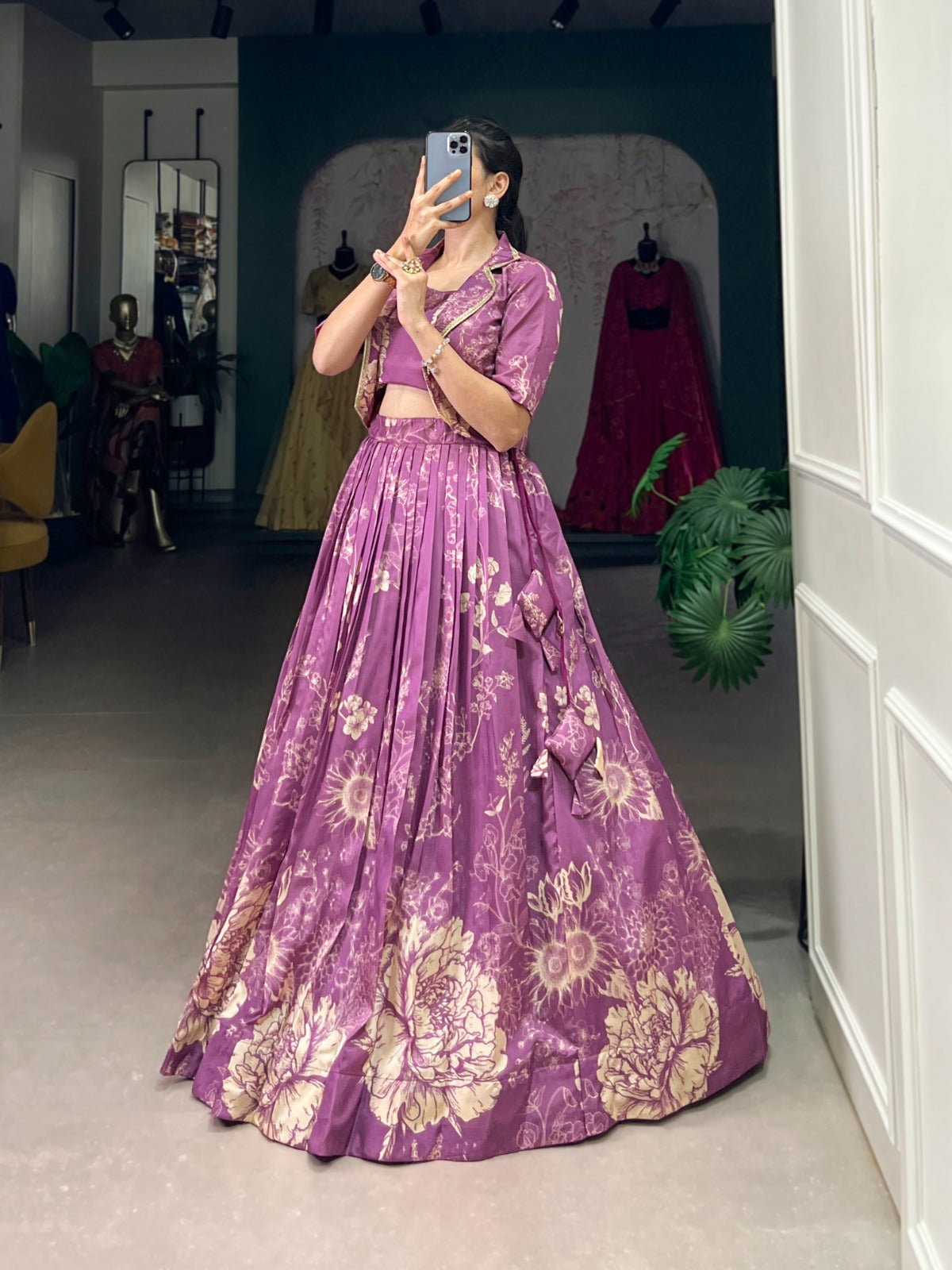 Exquisite Tussar Silk Floral Printed Lehenga Choli  Koti Set - Ethnicwish