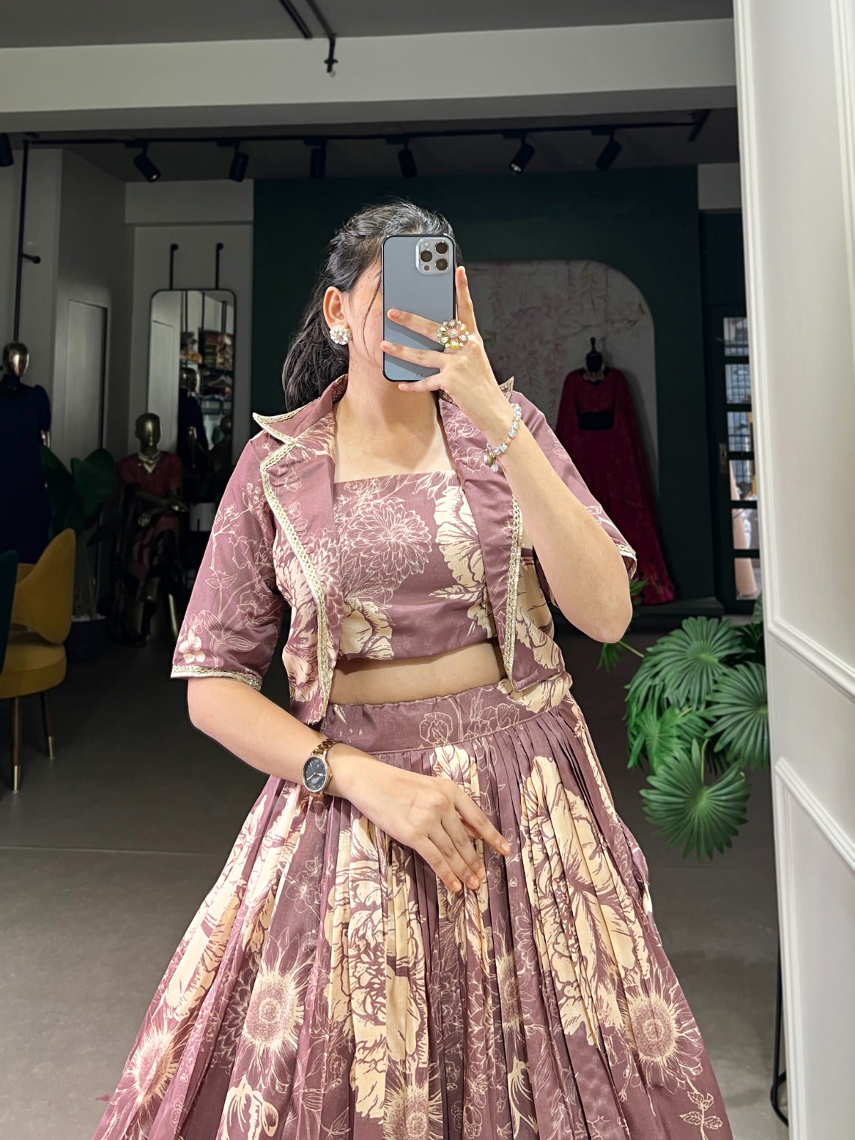 Exquisite Tussar Silk Floral Printed Lehenga Choli  Koti Set - Ethnicwish