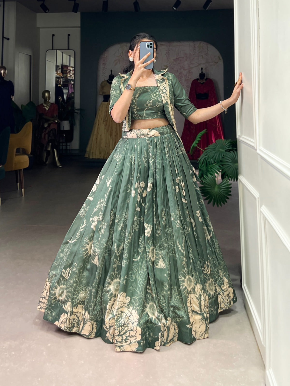 Exquisite Tussar Silk Floral Printed Lehenga Choli  Koti Set - Ethnicwish