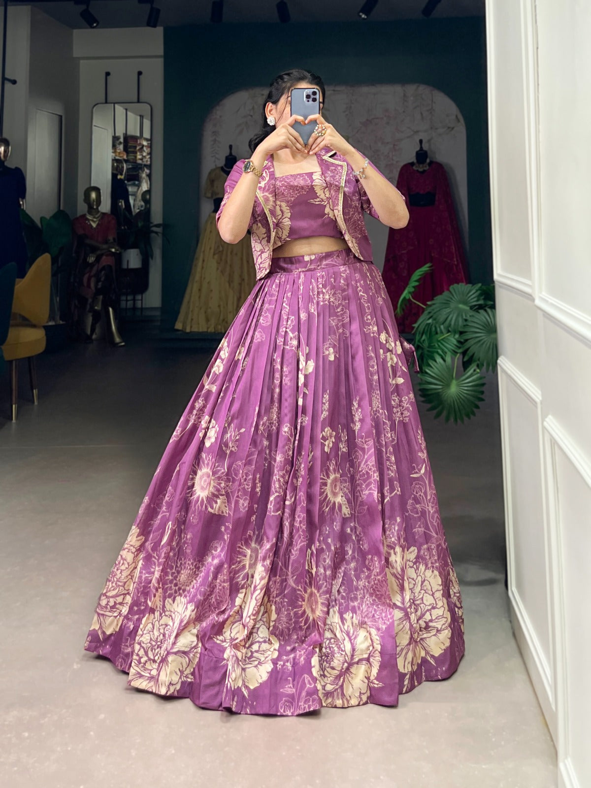 Exquisite Tussar Silk Floral Printed Lehenga Choli  Koti Set - Ethnicwish