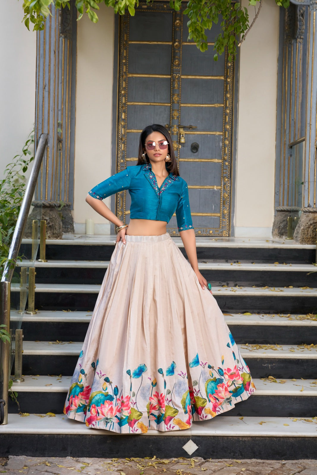 Lovely Tussar Silk Floral Digital Printed Lehenga With Stitched Blouse - ETHNICDEAL