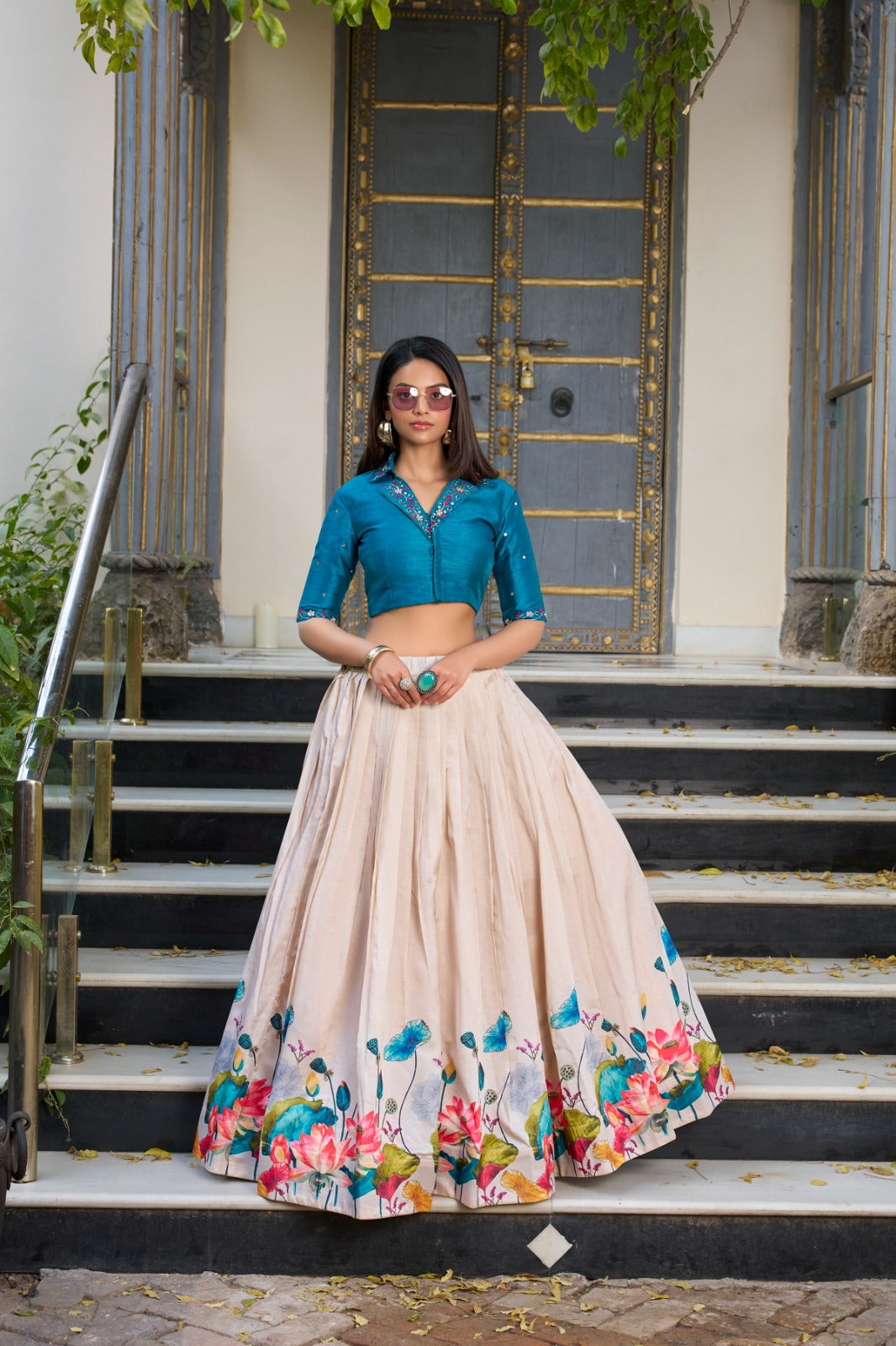 Lovely Tussar Silk Floral Digital Printed Lehenga With Stitched Blouse - ETHNICDEAL