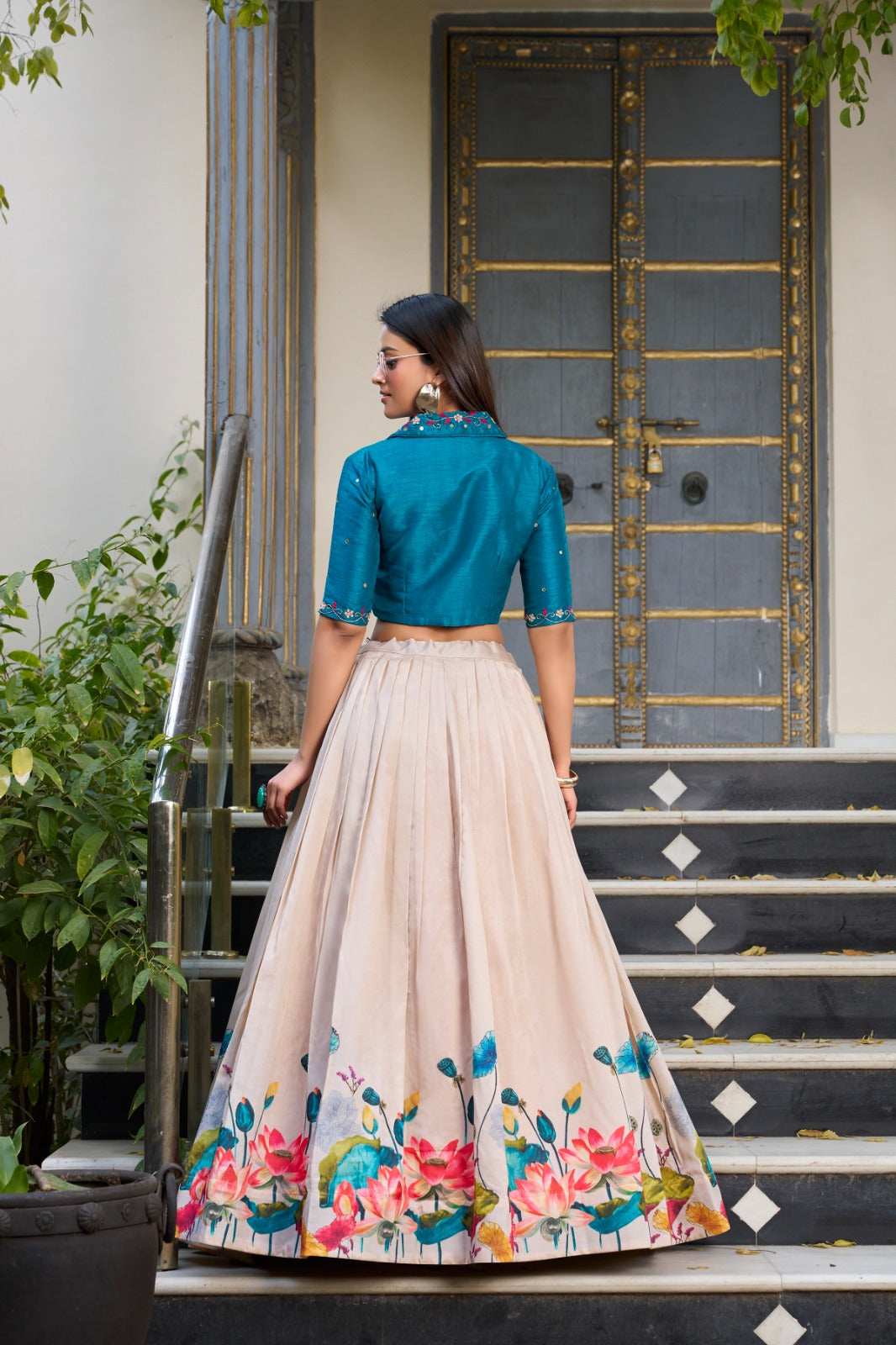Lovely Tussar Silk Floral Digital Printed Lehenga With Stitched Blouse - ETHNICDEAL