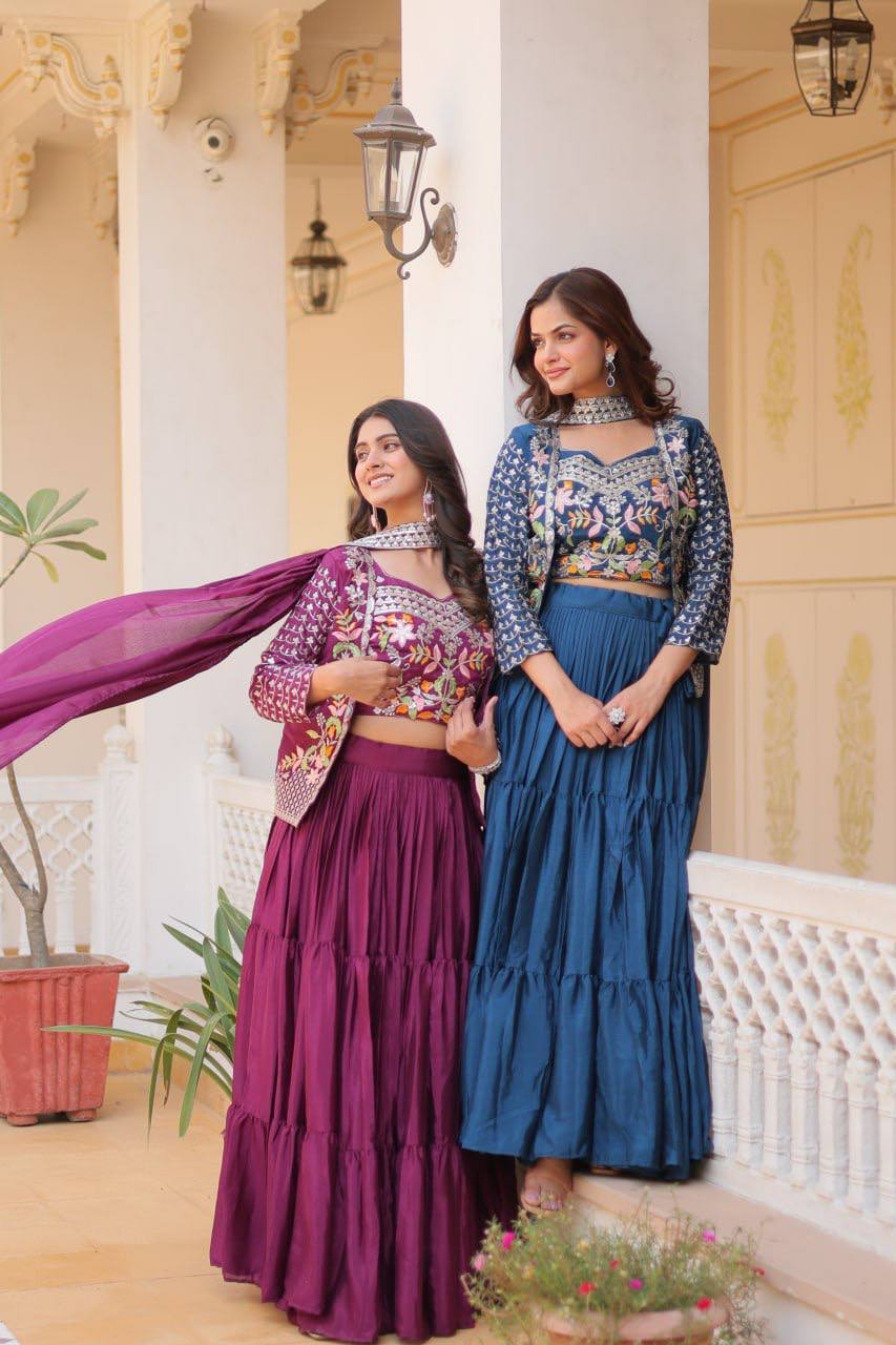 Pure Chinon Embroidered Lehenga Choli with Koti and Matching Dupatta - ETHNICDEAL